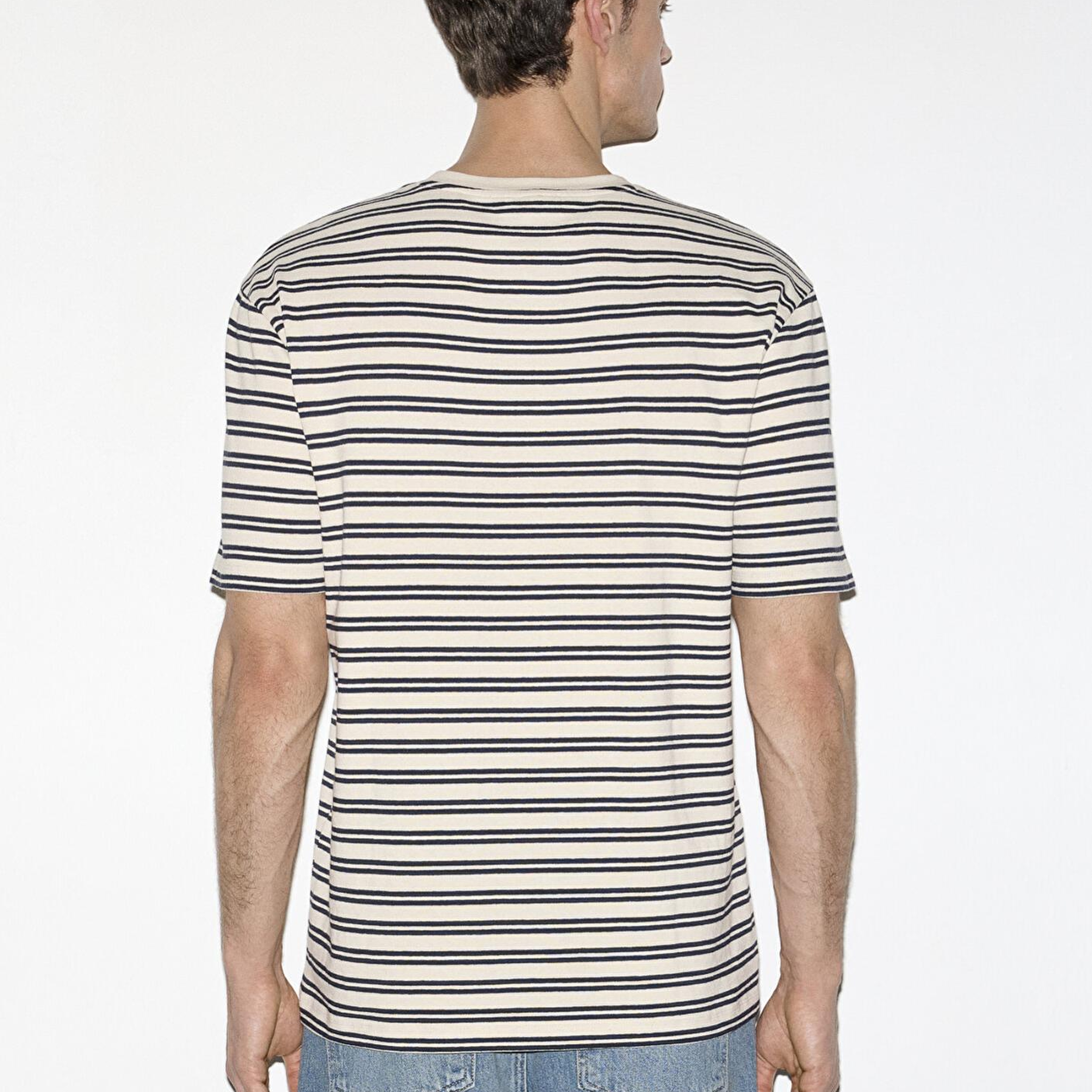 Mavi Lacivert Çizgili Ekru Tişört Loose Fit / Bol Rahat Kesim 0613166-83699