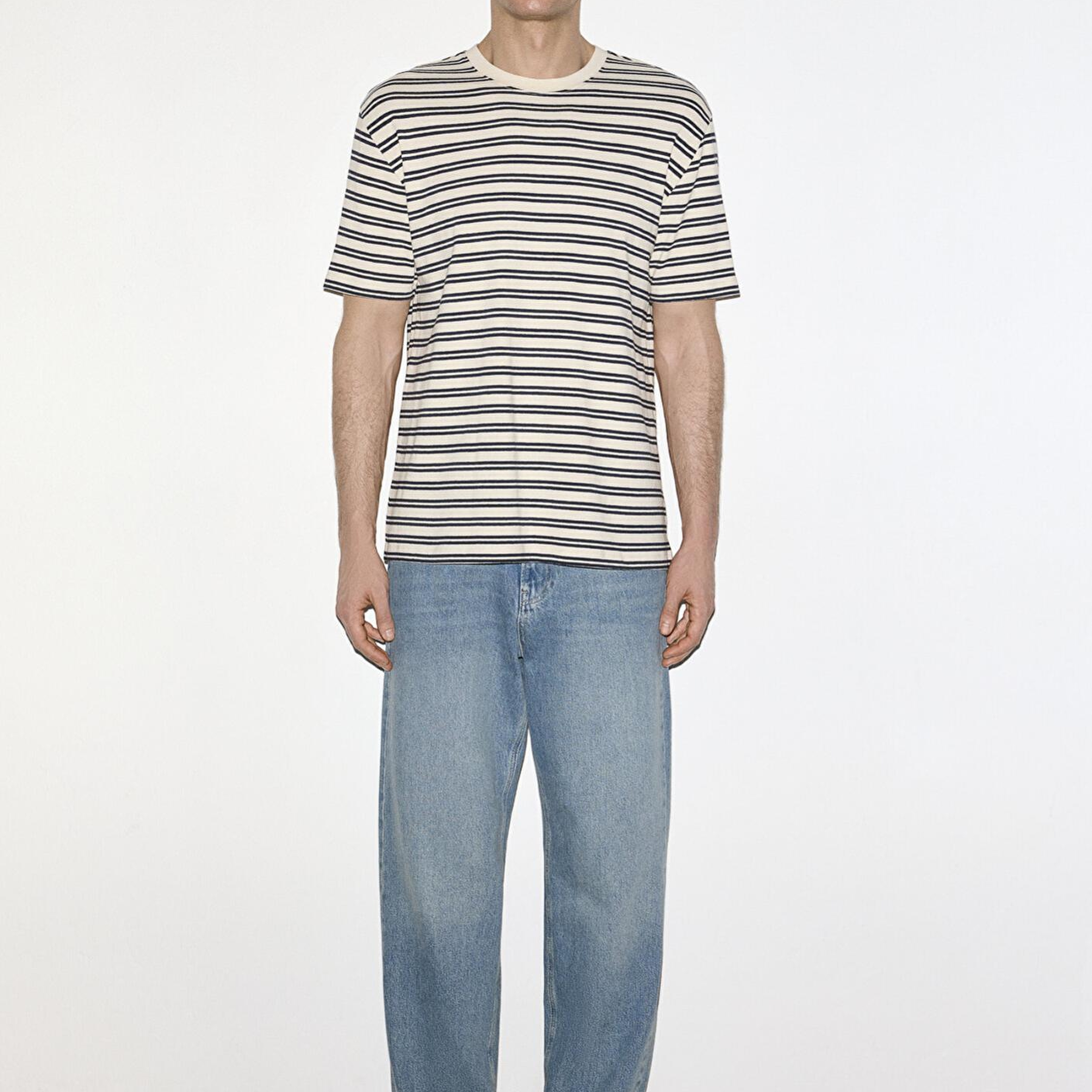 Mavi Lacivert Çizgili Ekru Tişört Loose Fit / Bol Rahat Kesim 0613166-83699