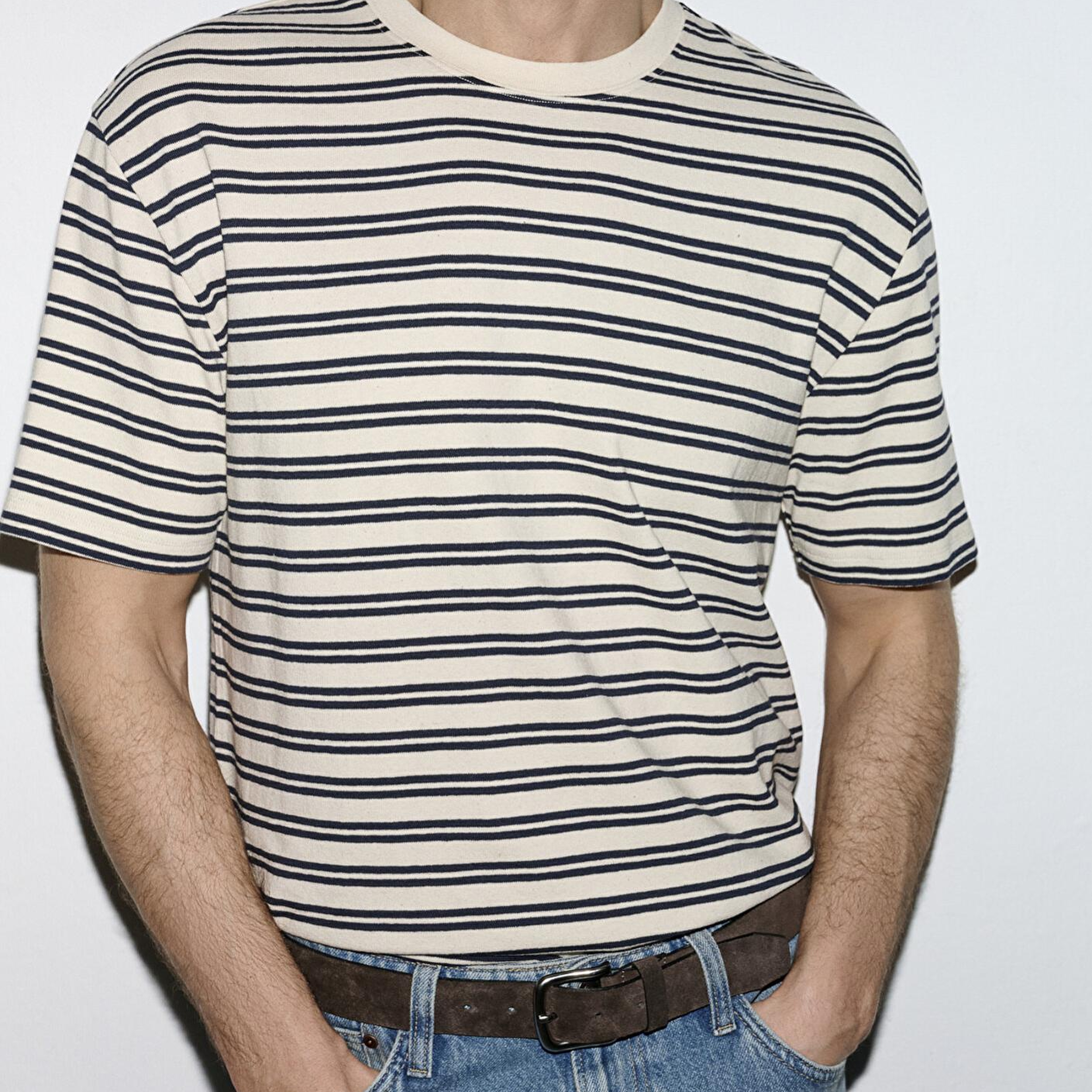 Mavi Lacivert Çizgili Ekru Tişört Loose Fit / Bol Rahat Kesim 0613166-83699