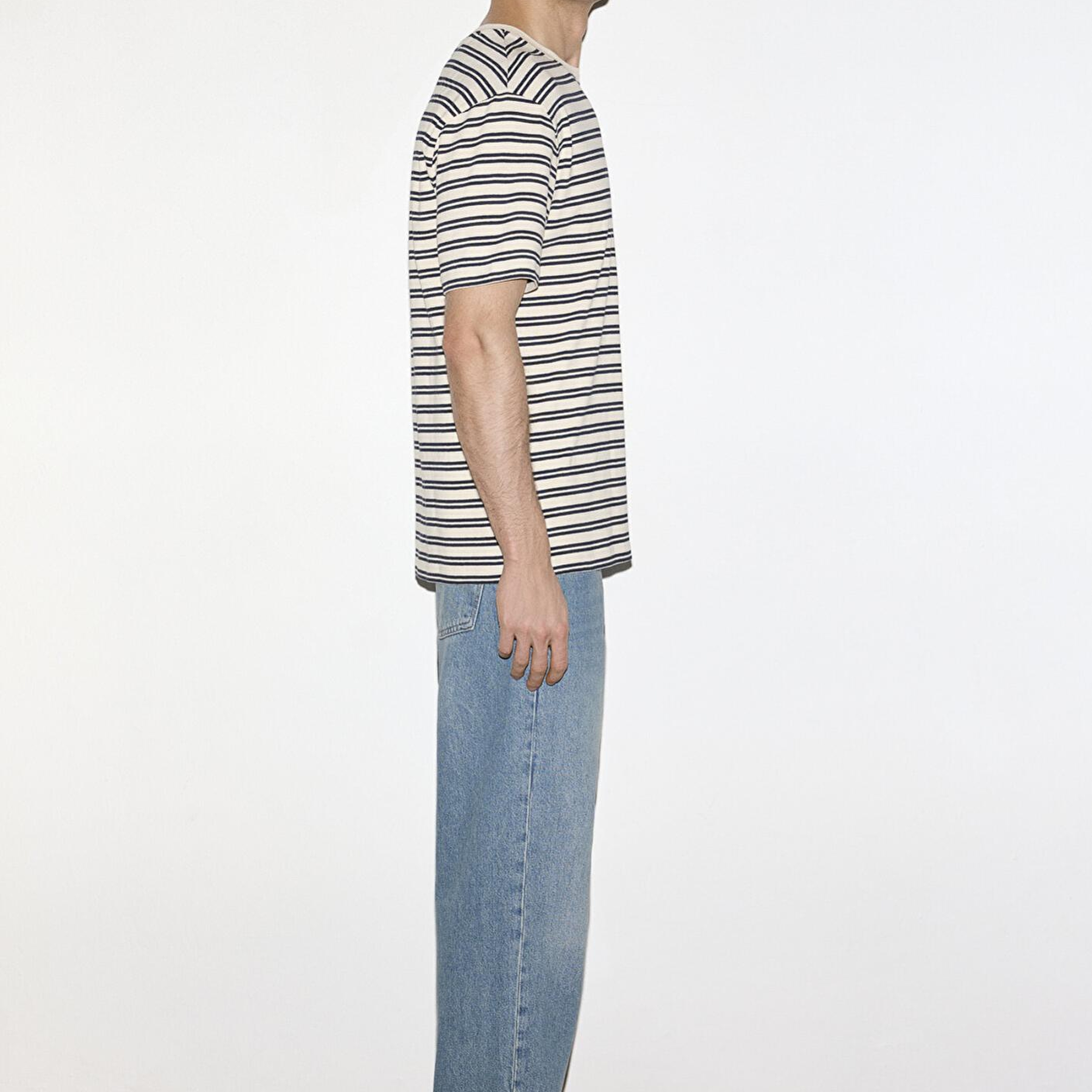 Mavi Lacivert Çizgili Ekru Tişört Loose Fit / Bol Rahat Kesim 0613166-83699