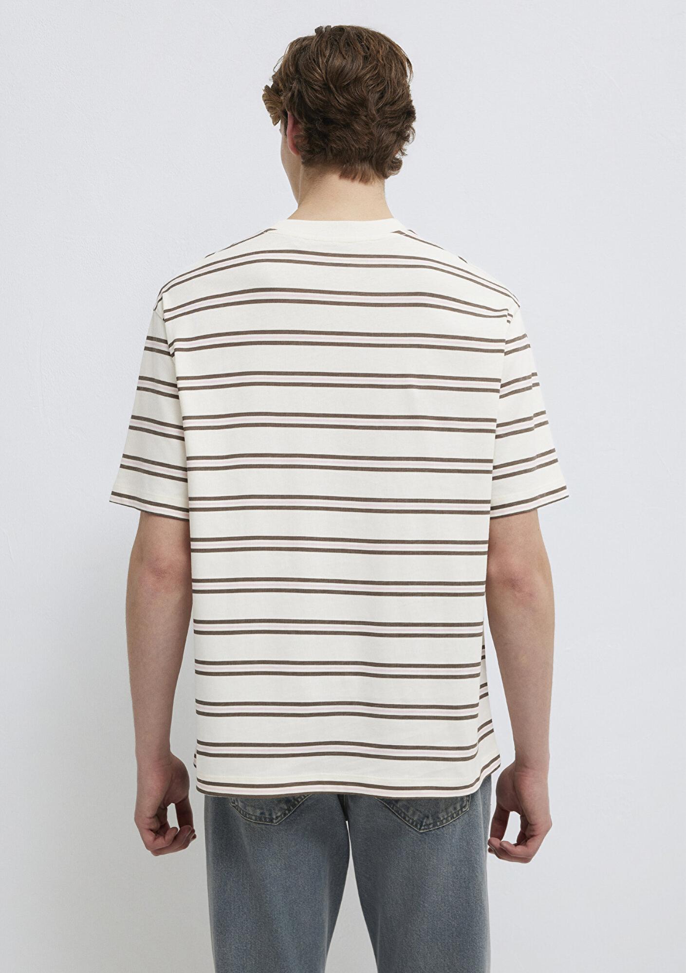 Mavi Kahverengi Çizgili Ekru Tişört Relaxed Fit / Rahat Kesim 0613175-70056