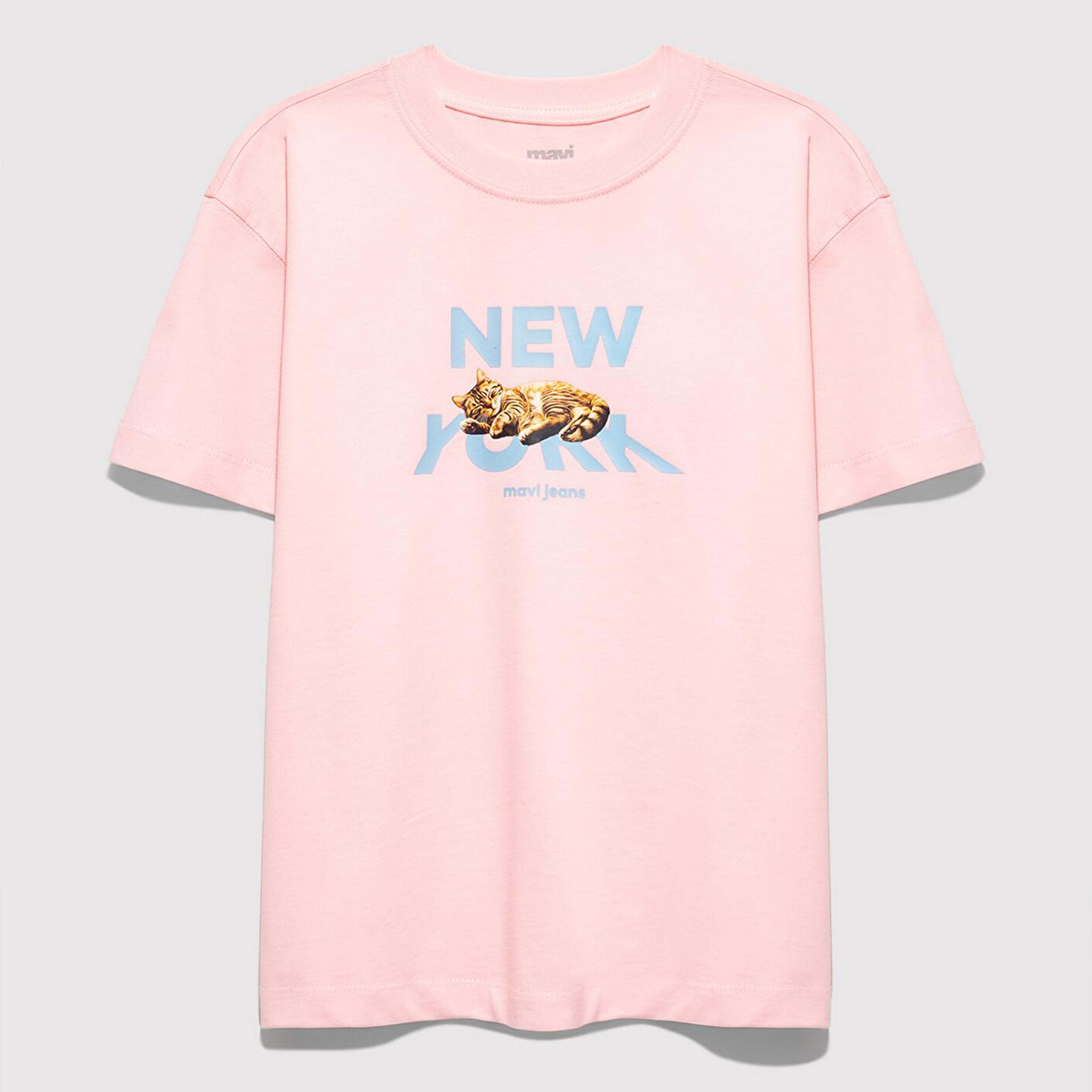 Mavi Kedi Baskılı Pembe Tişört Loose Fit / Bol Rahat Kesim 7610402-71007