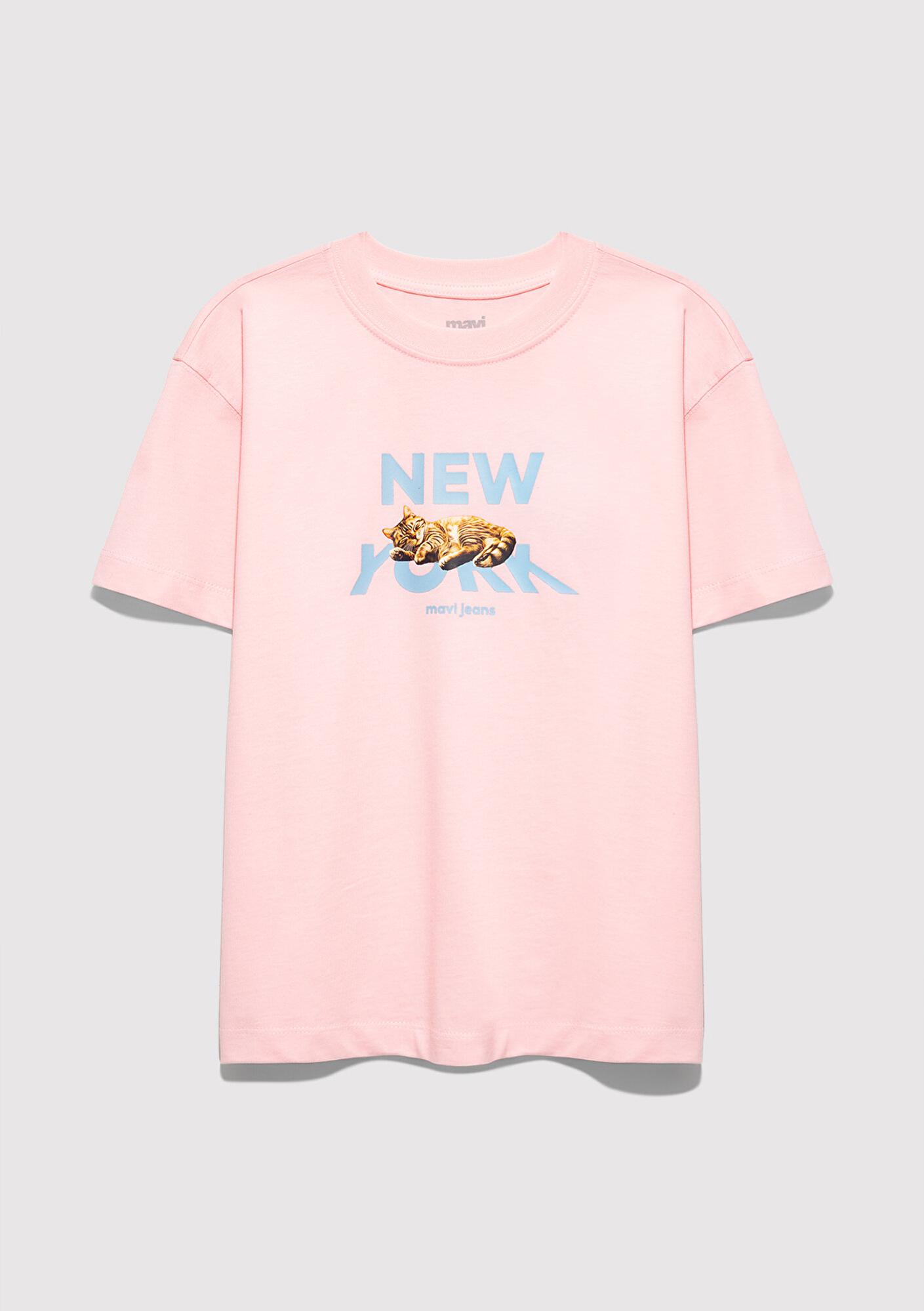 Mavi Kedi Baskılı Pembe Tişört Loose Fit / Bol Rahat Kesim 7610402-71007