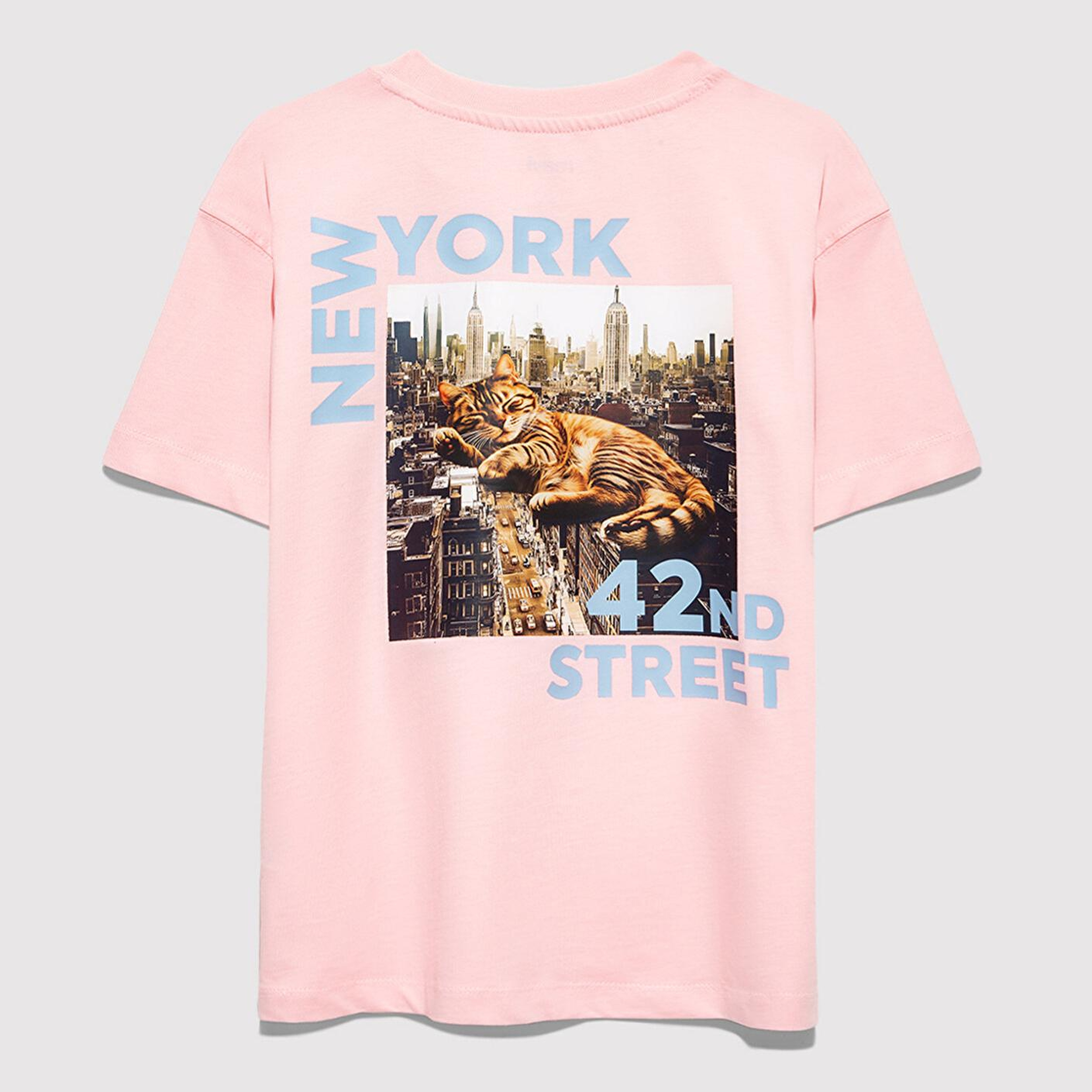 Mavi Kedi Baskılı Pembe Tişört Loose Fit / Bol Rahat Kesim 7610402-71007