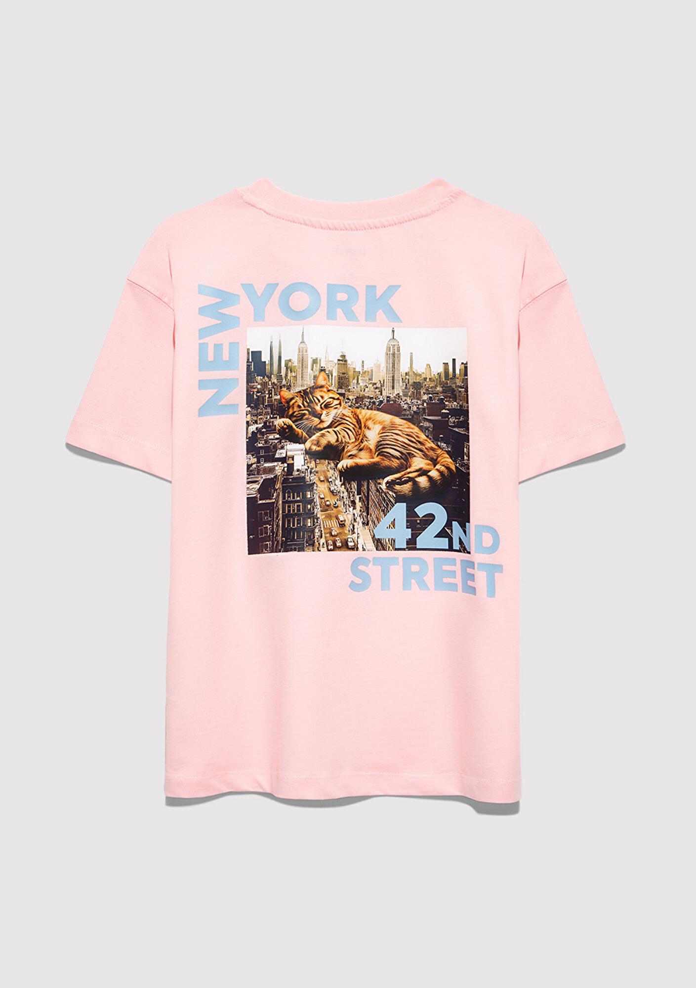 Mavi Kedi Baskılı Pembe Tişört Loose Fit / Bol Rahat Kesim 7610402-71007