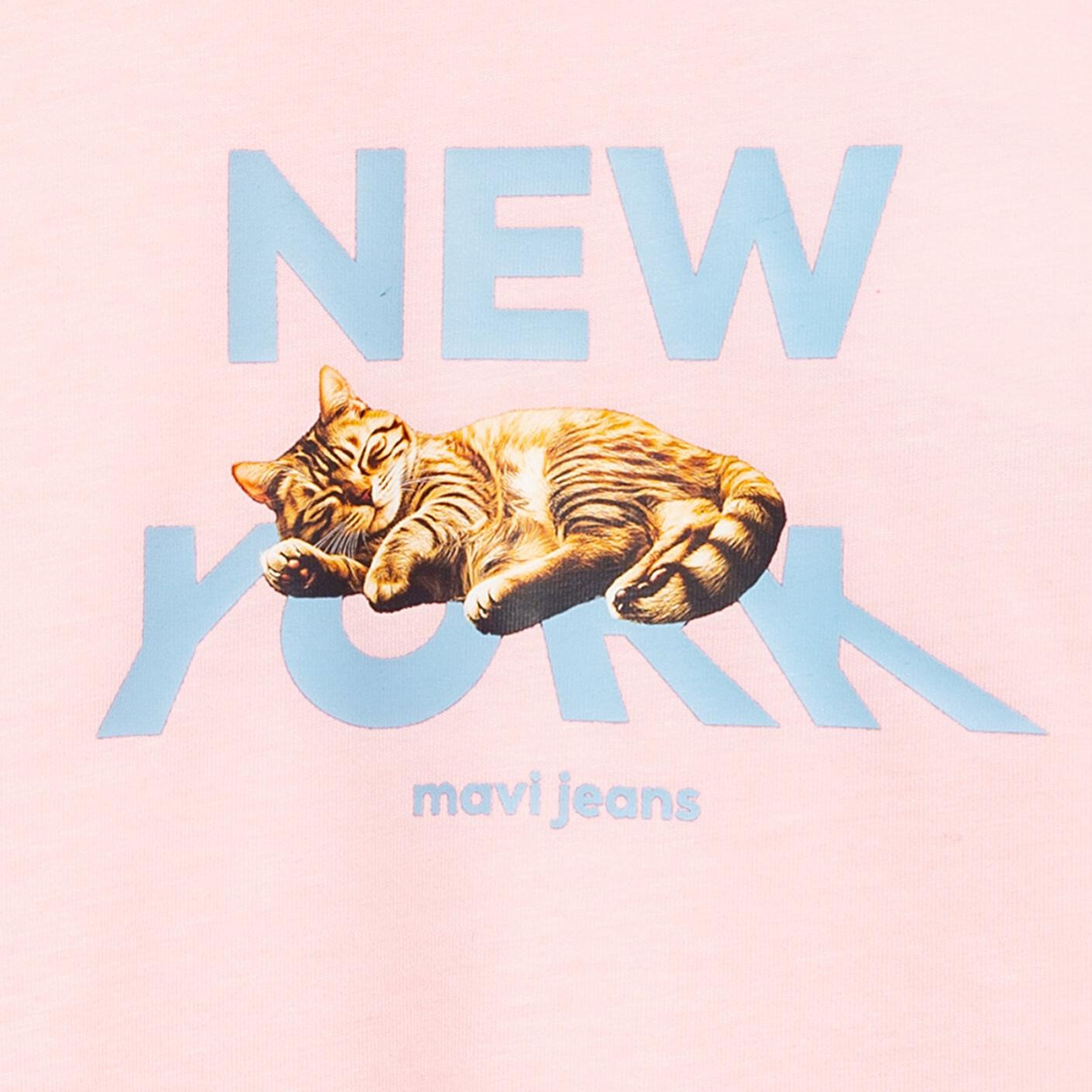 Mavi Kedi Baskılı Pembe Tişört Loose Fit / Bol Rahat Kesim 7610402-71007