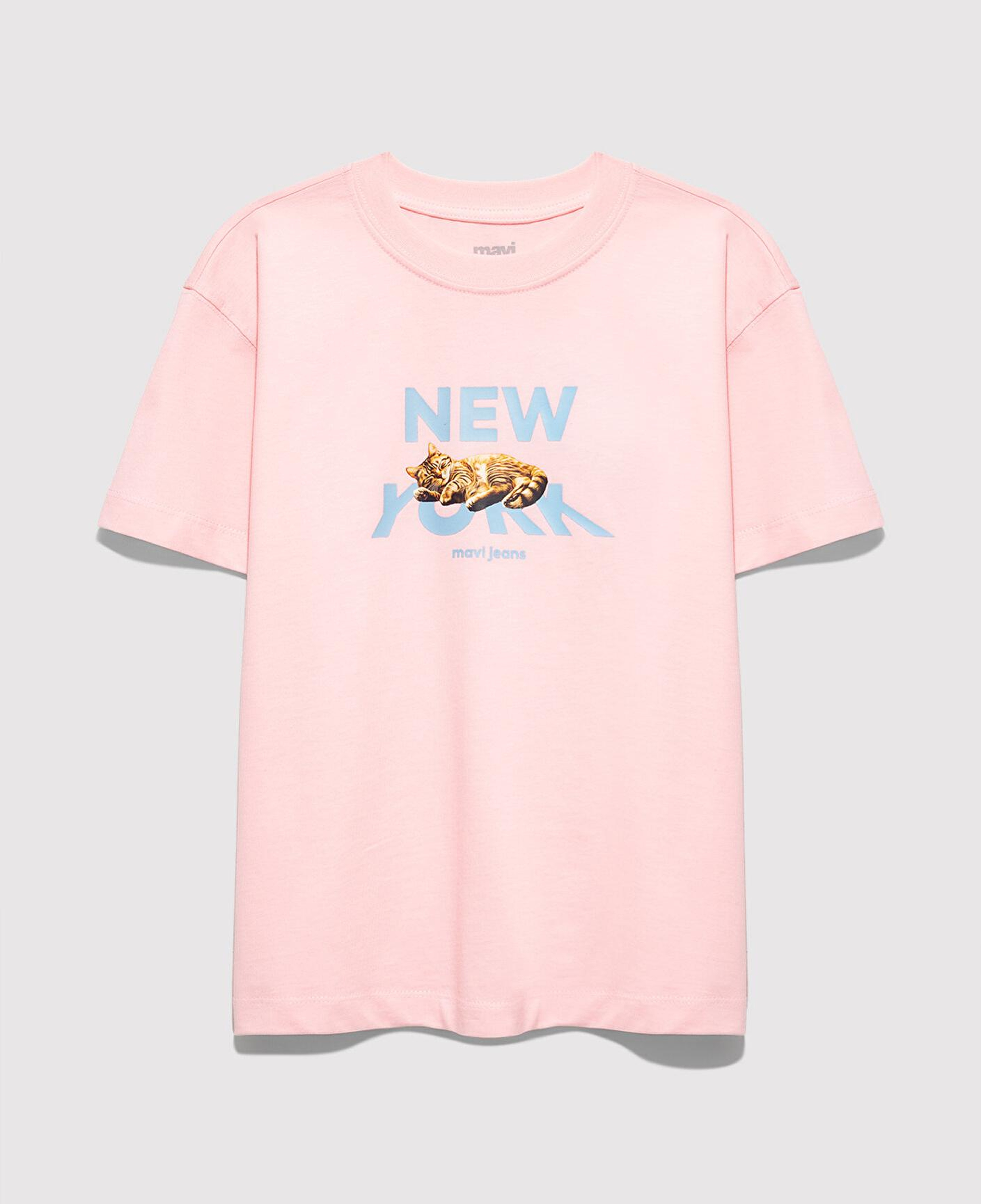 Mavi Kedi Baskılı Pembe Tişört Loose Fit / Bol Rahat Kesim 7610402-71007