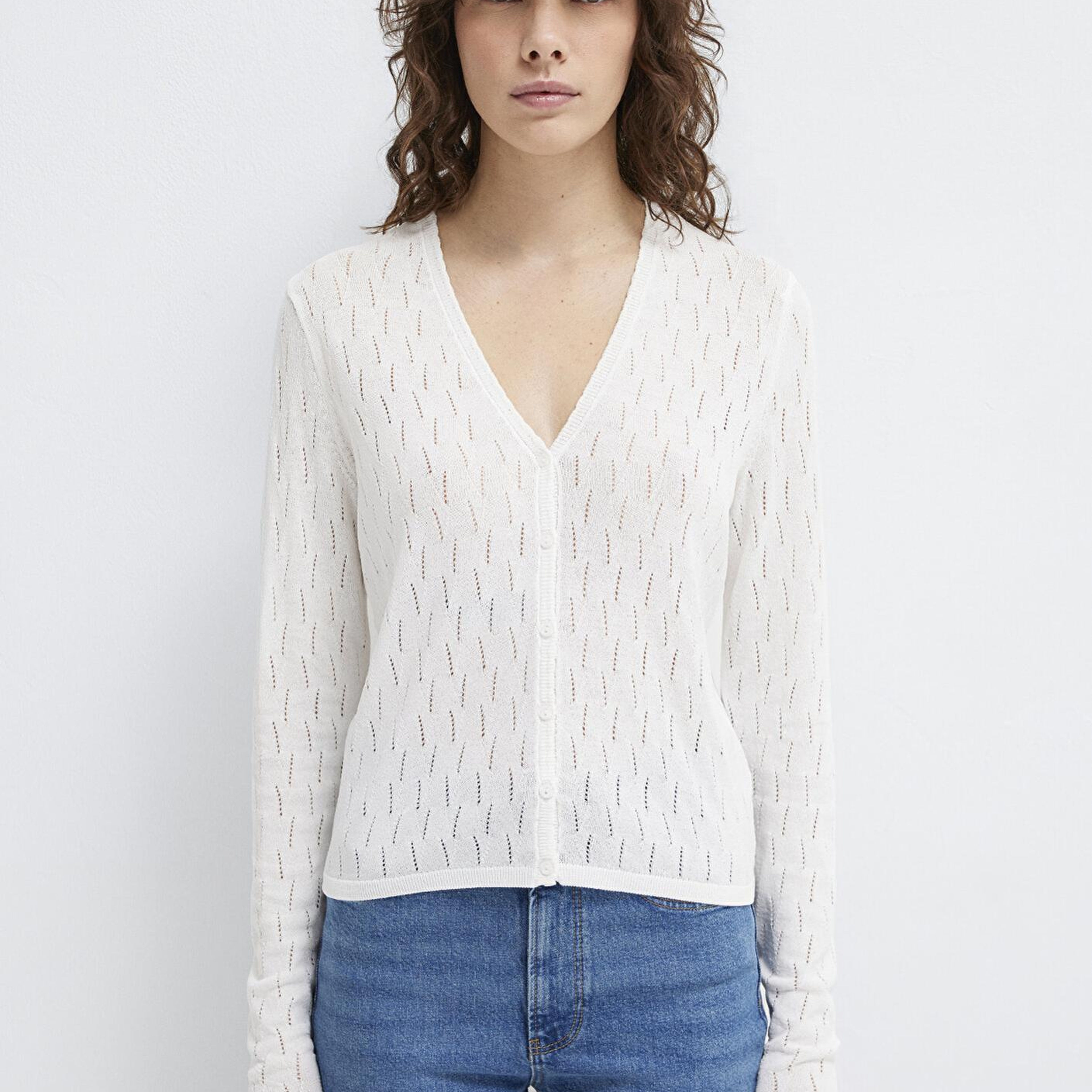 Mavi Örgü Detaylı Ekru Hırka Slim Fit / Dar Kesim 1710845-70057