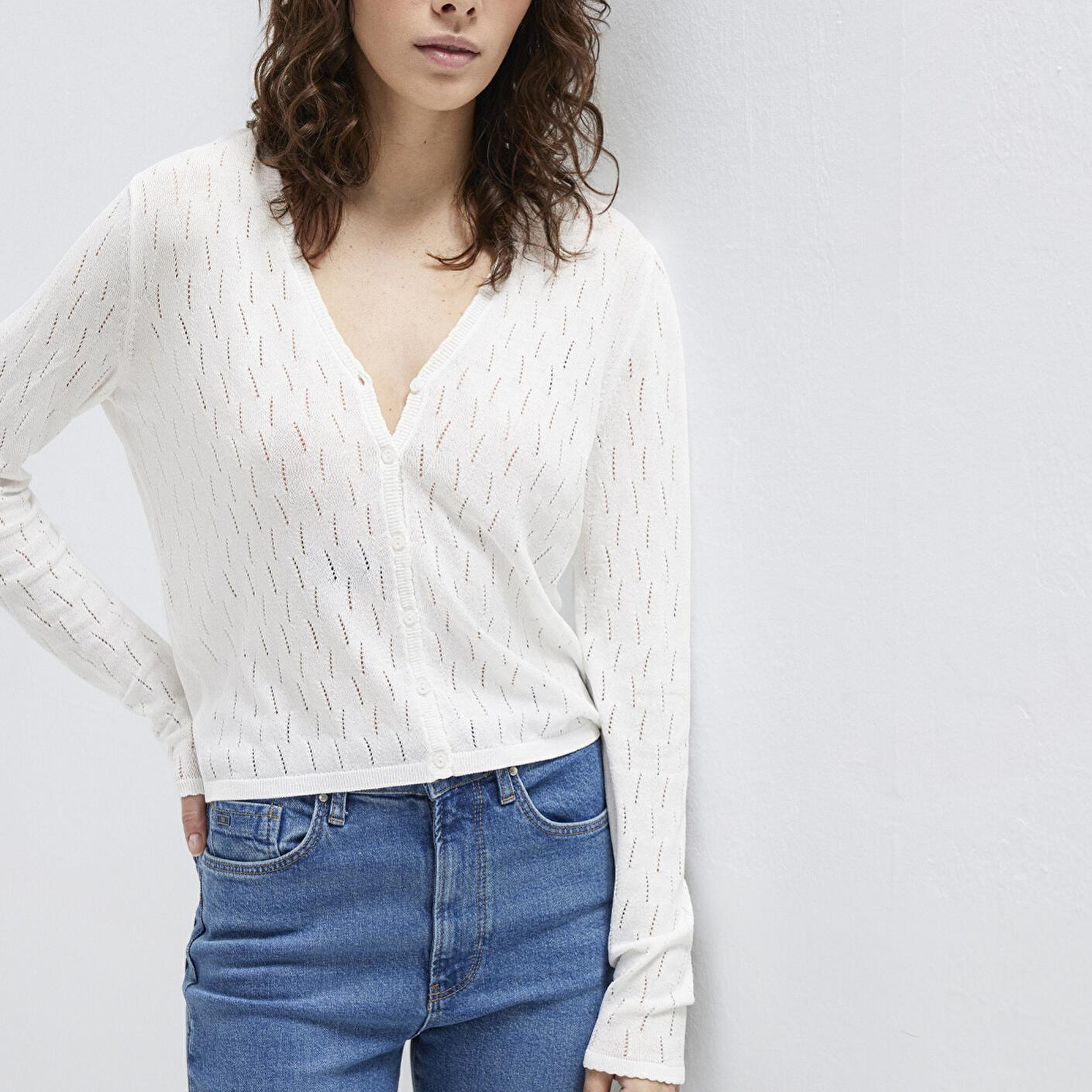 Mavi Örgü Detaylı Ekru Hırka Slim Fit / Dar Kesim 1710845-70057