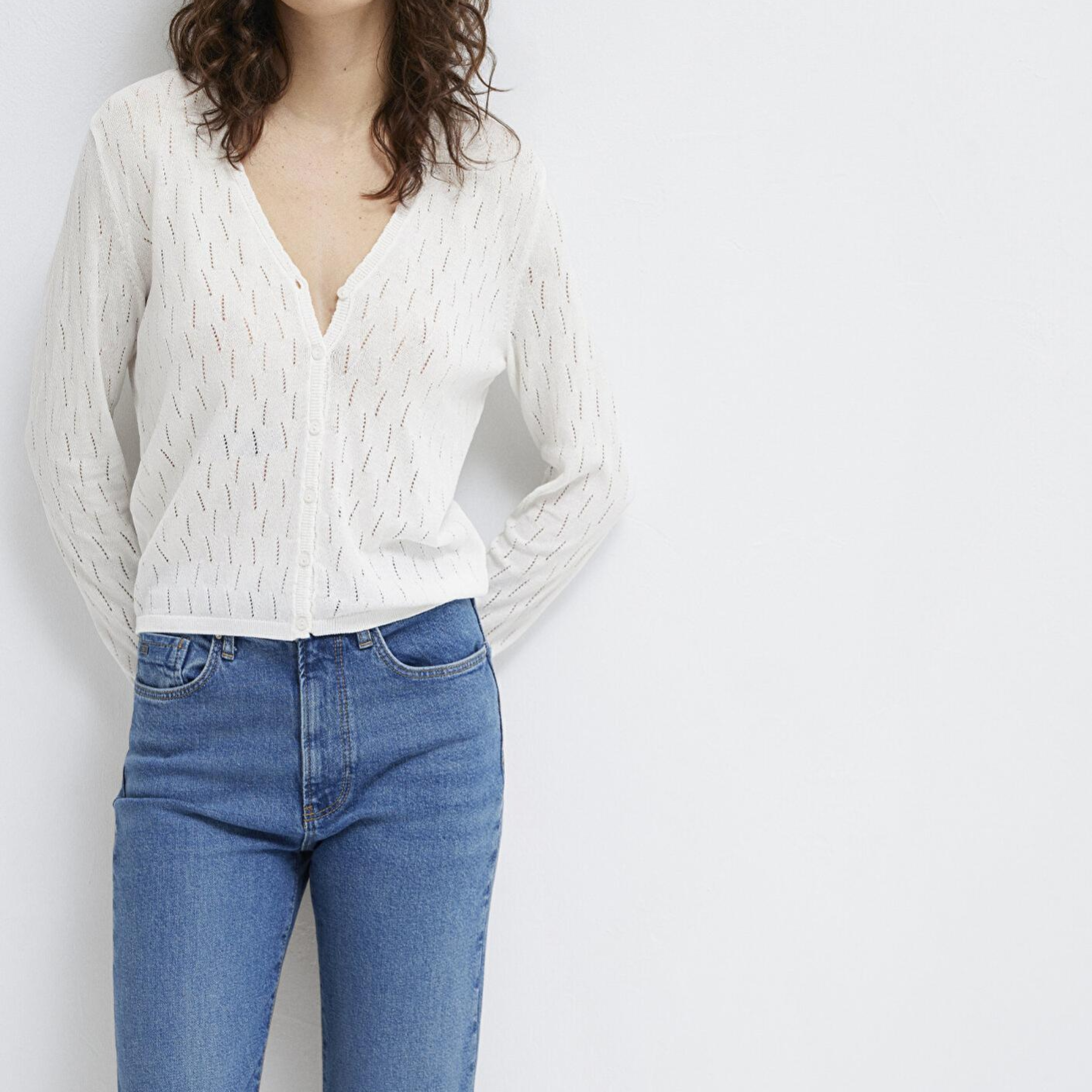 Mavi Örgü Detaylı Ekru Hırka Slim Fit / Dar Kesim 1710845-70057