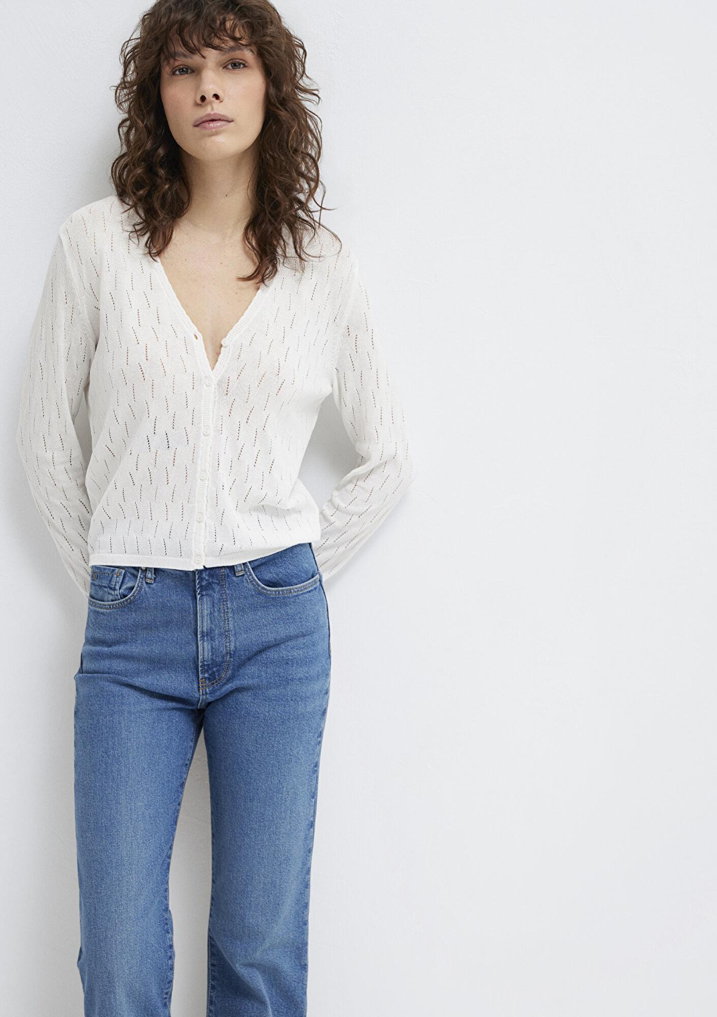 Mavi Örgü Detaylı Ekru Hırka Slim Fit / Dar Kesim 1710845-70057