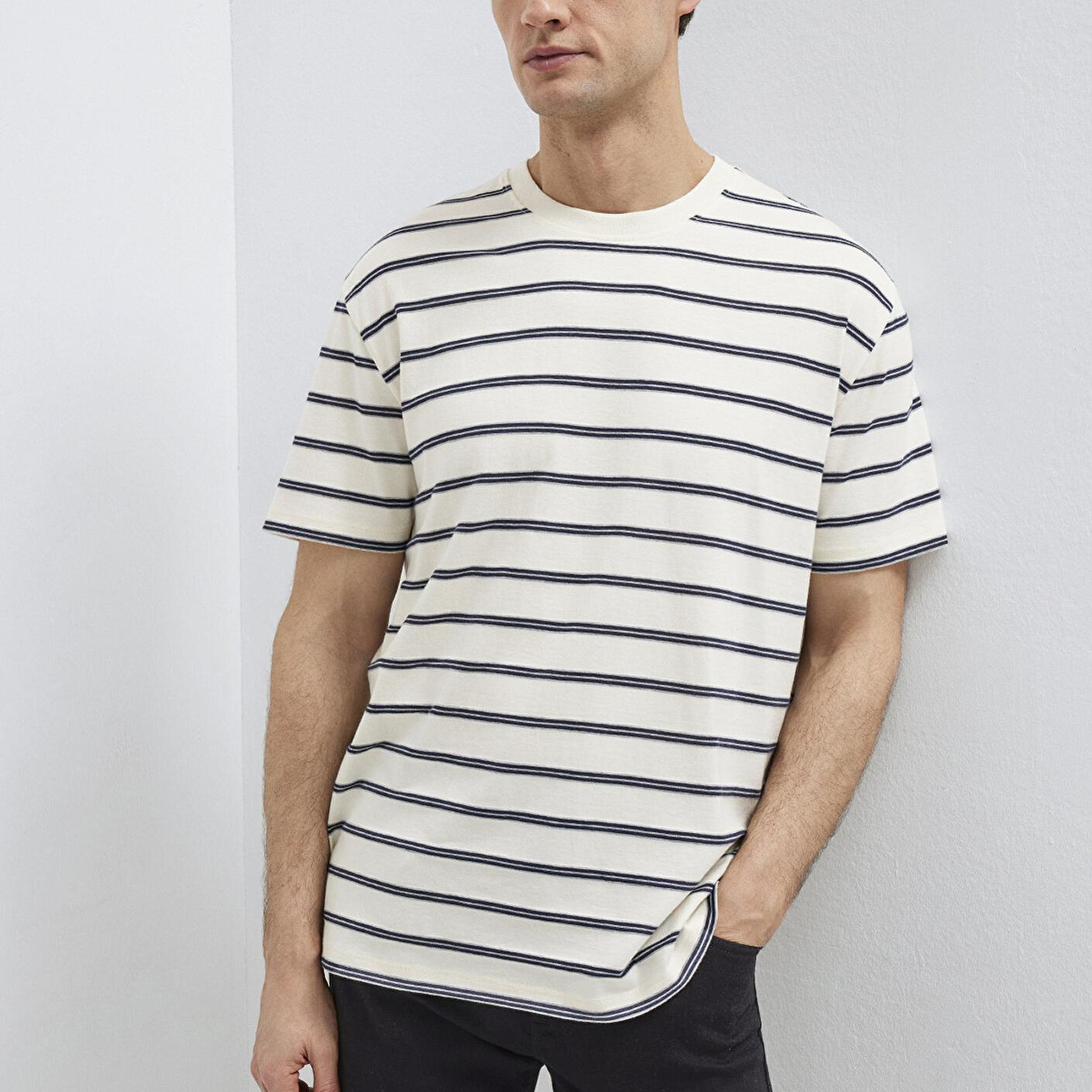 Mavi Çizgili Ekru Tişört Loose Fit / Bol Rahat Kesim 0613138-70057