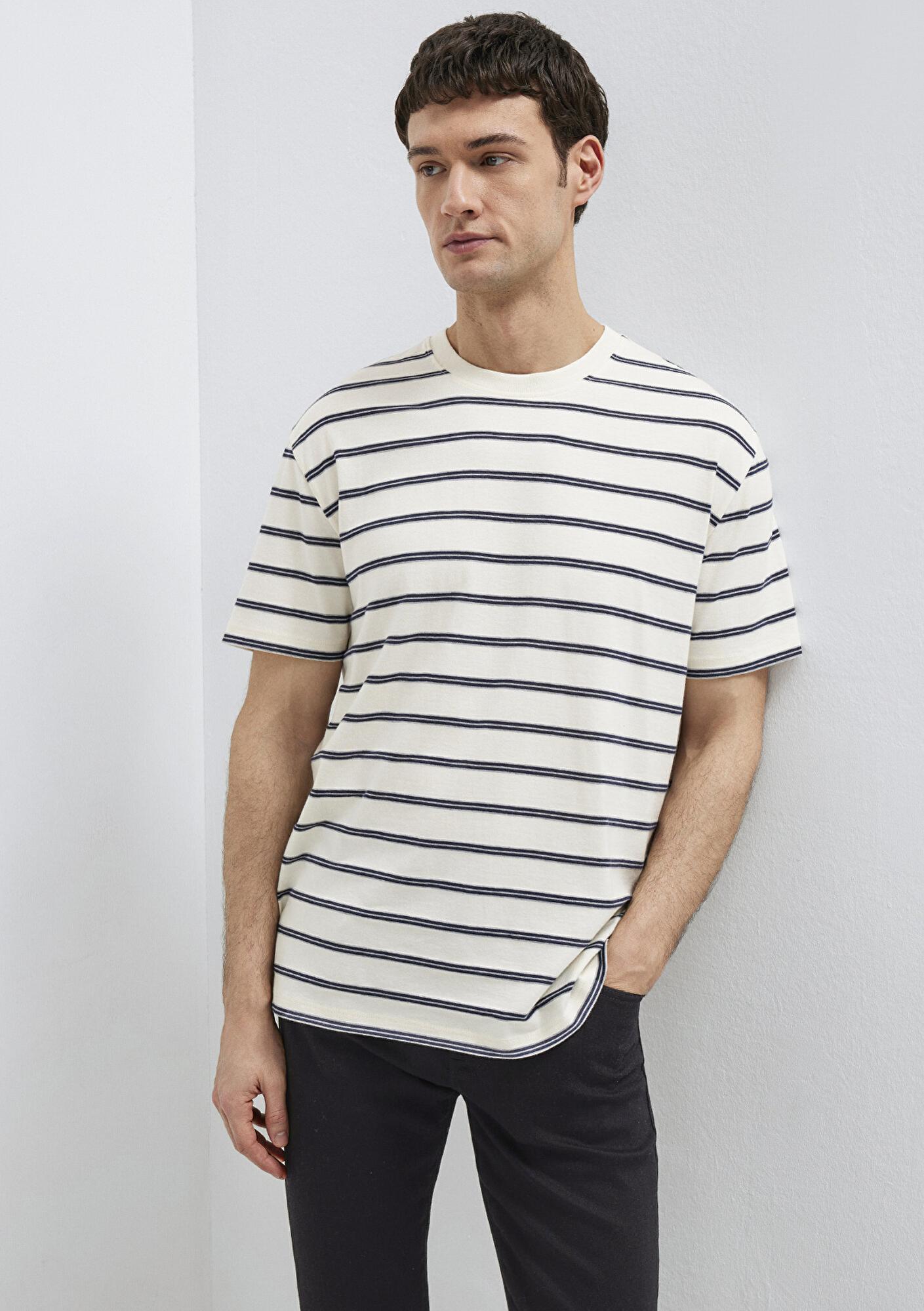 Mavi Çizgili Ekru Tişört Loose Fit / Bol Rahat Kesim 0613138-70057