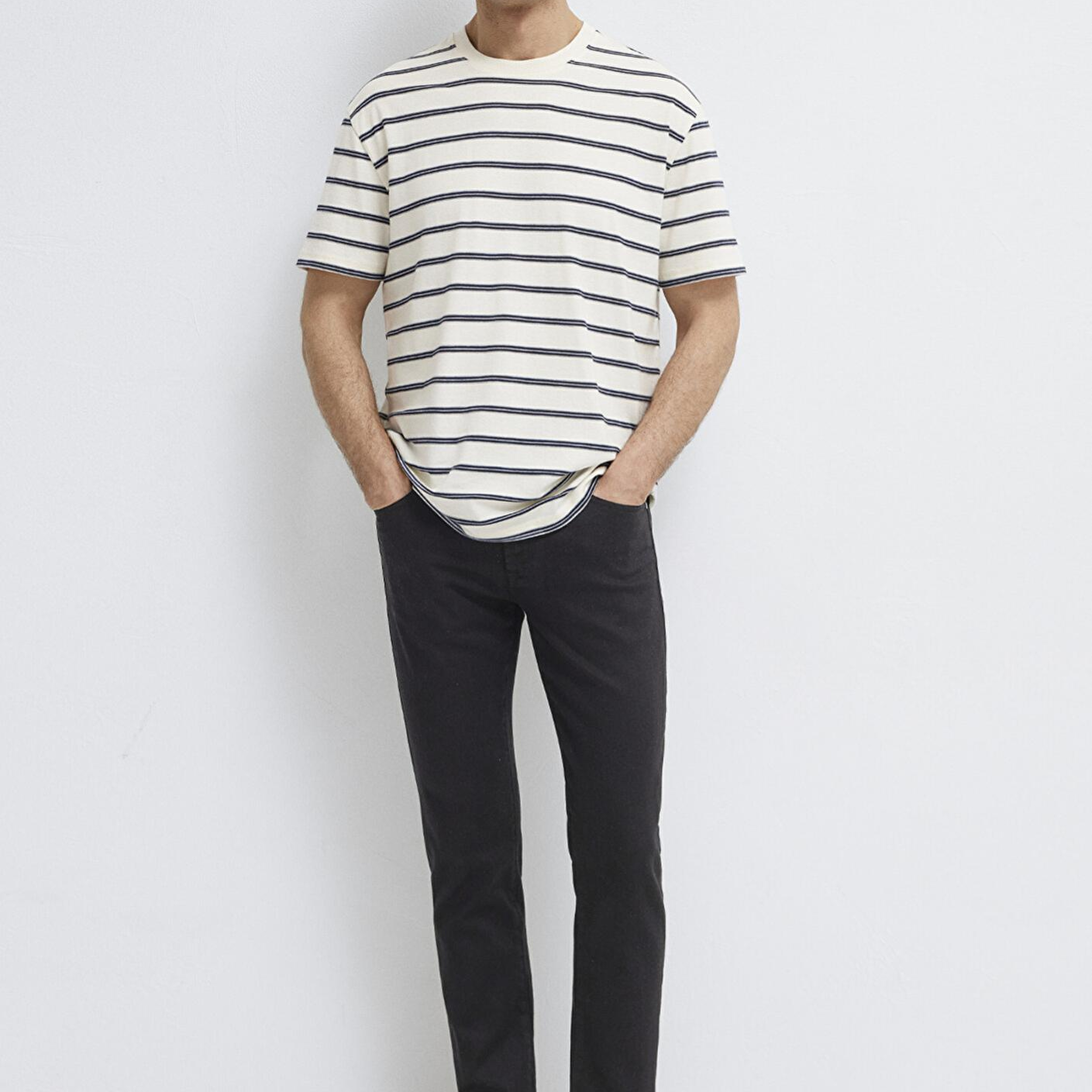 Mavi Çizgili Ekru Tişört Loose Fit / Bol Rahat Kesim 0613138-70057