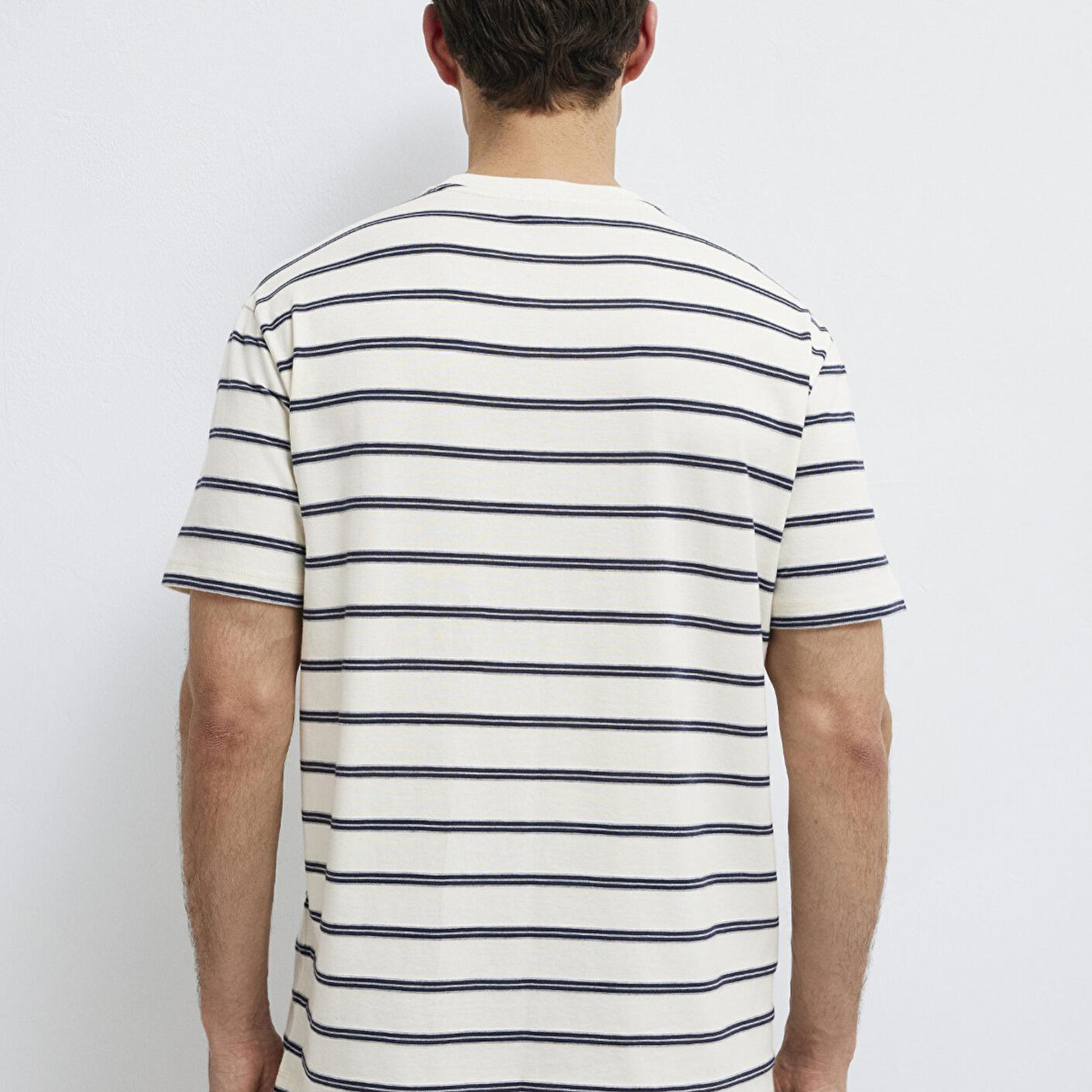 Mavi Çizgili Ekru Tişört Loose Fit / Bol Rahat Kesim 0613138-70057