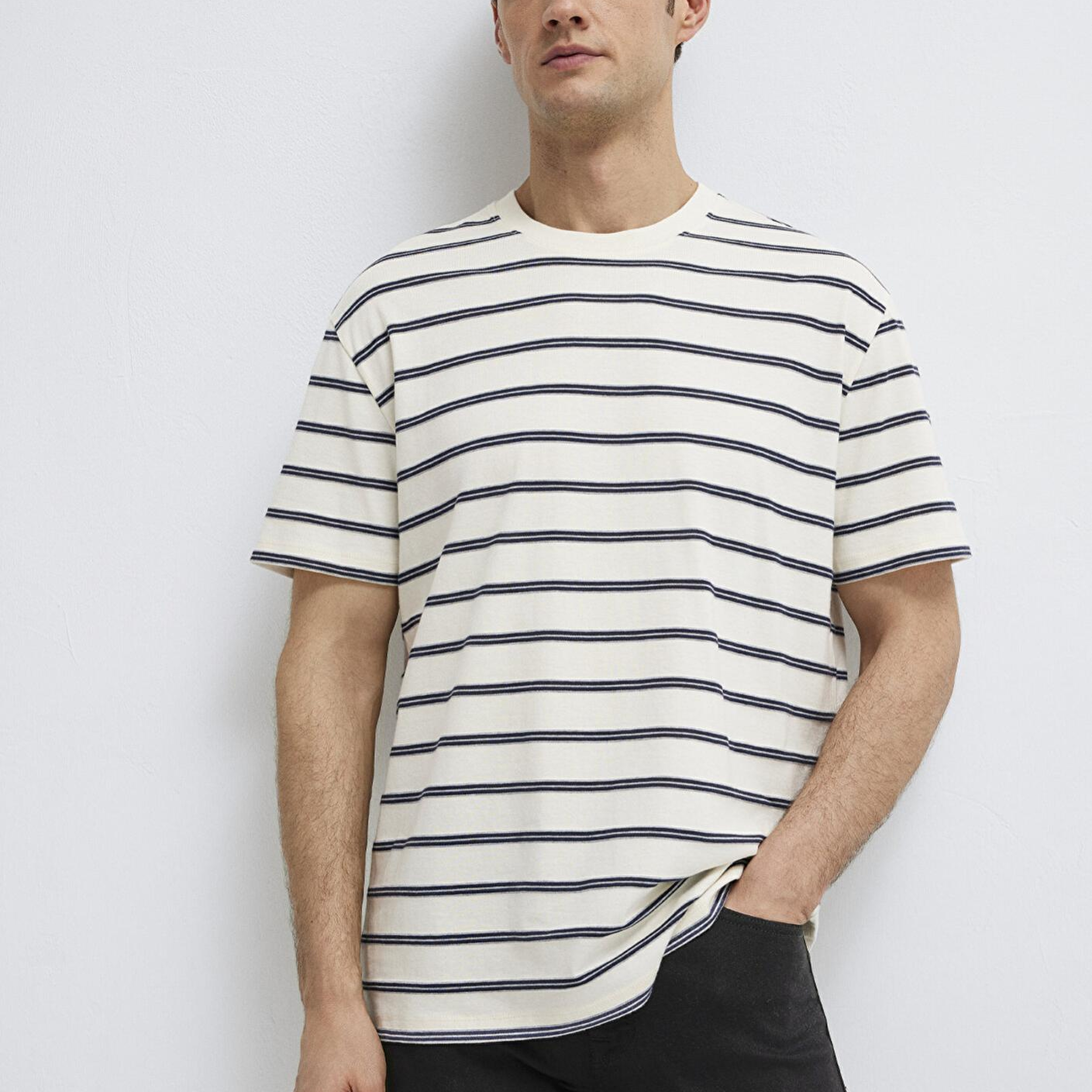 Mavi Çizgili Ekru Tişört Loose Fit / Bol Rahat Kesim 0613138-70057