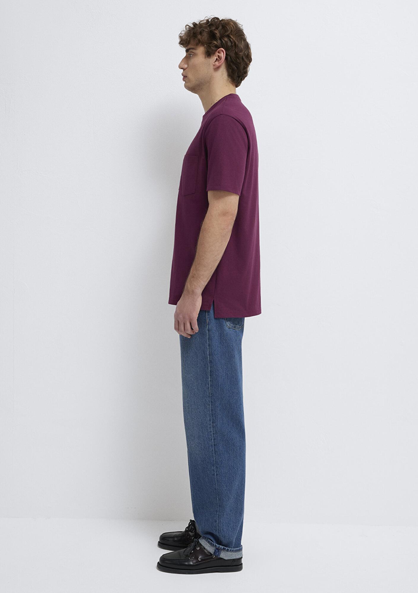 Mavi Cep Detaylı Mor Basic Tişört Loose Fit / Bol Rahat Kesim 066248-70670