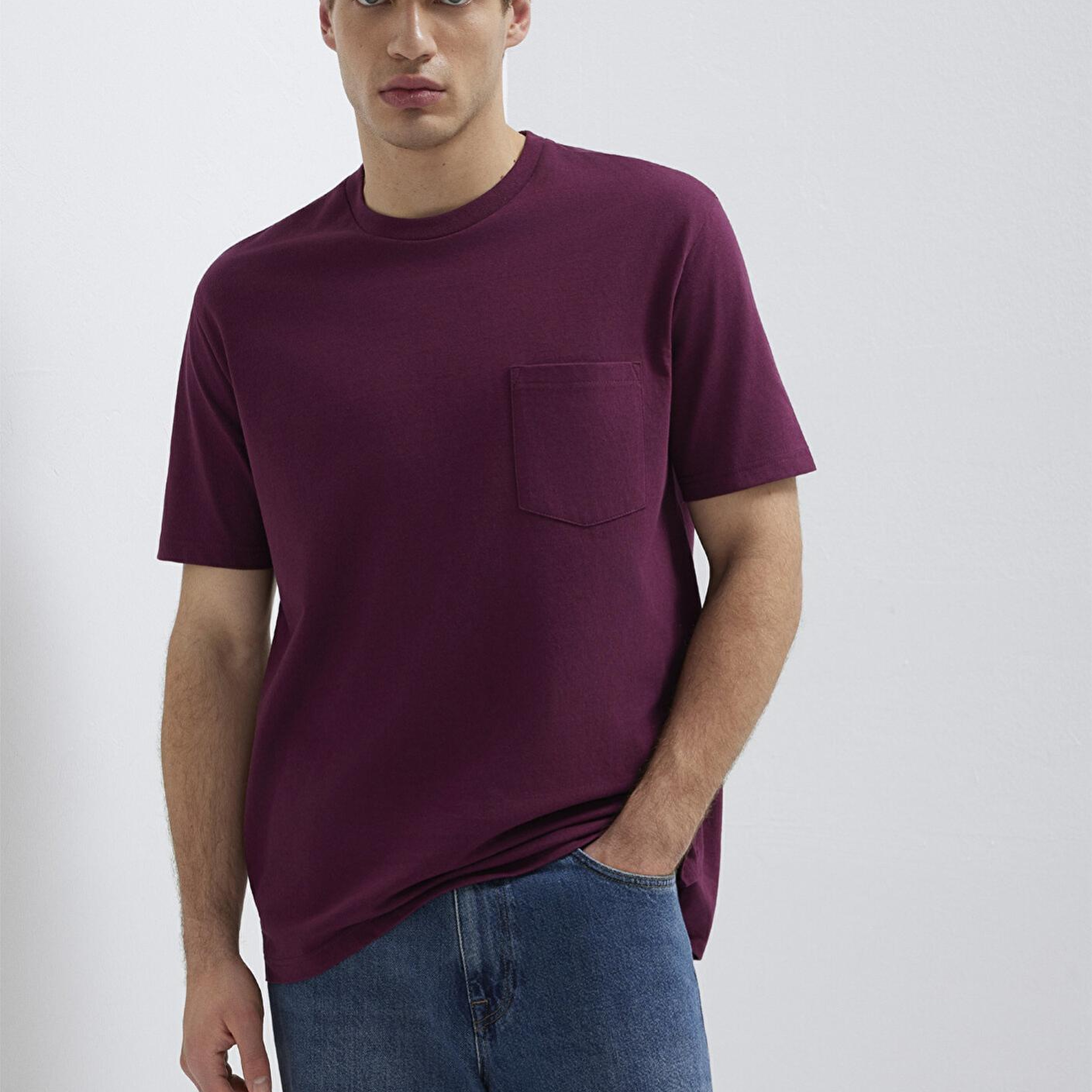 Mavi Cep Detaylı Mor Basic Tişört Loose Fit / Bol Rahat Kesim 066248-70670