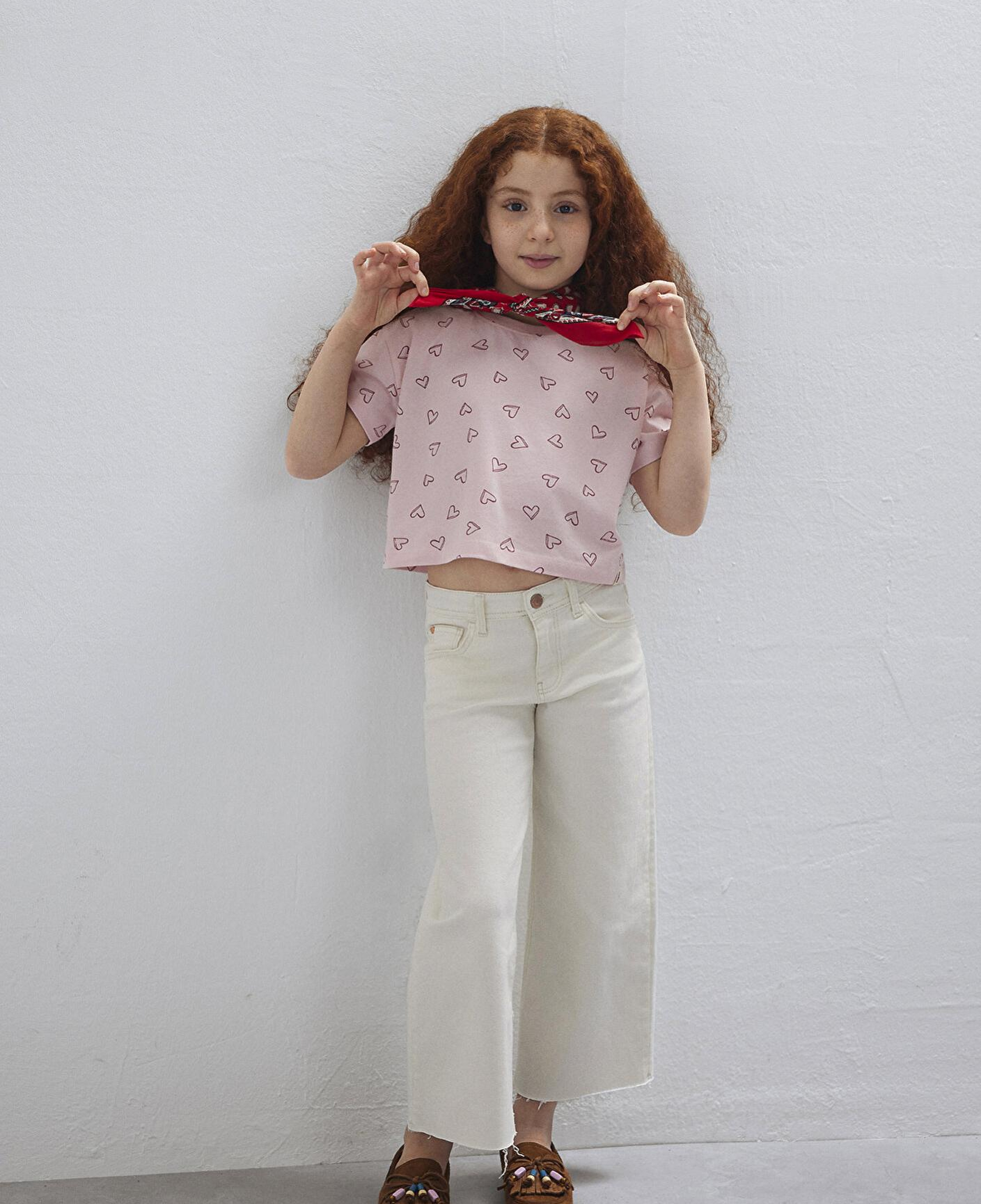 Mavi Kalp Baskılı Pembe Tişört Loose Fit / Bol Rahat Kesim 7610400-71007