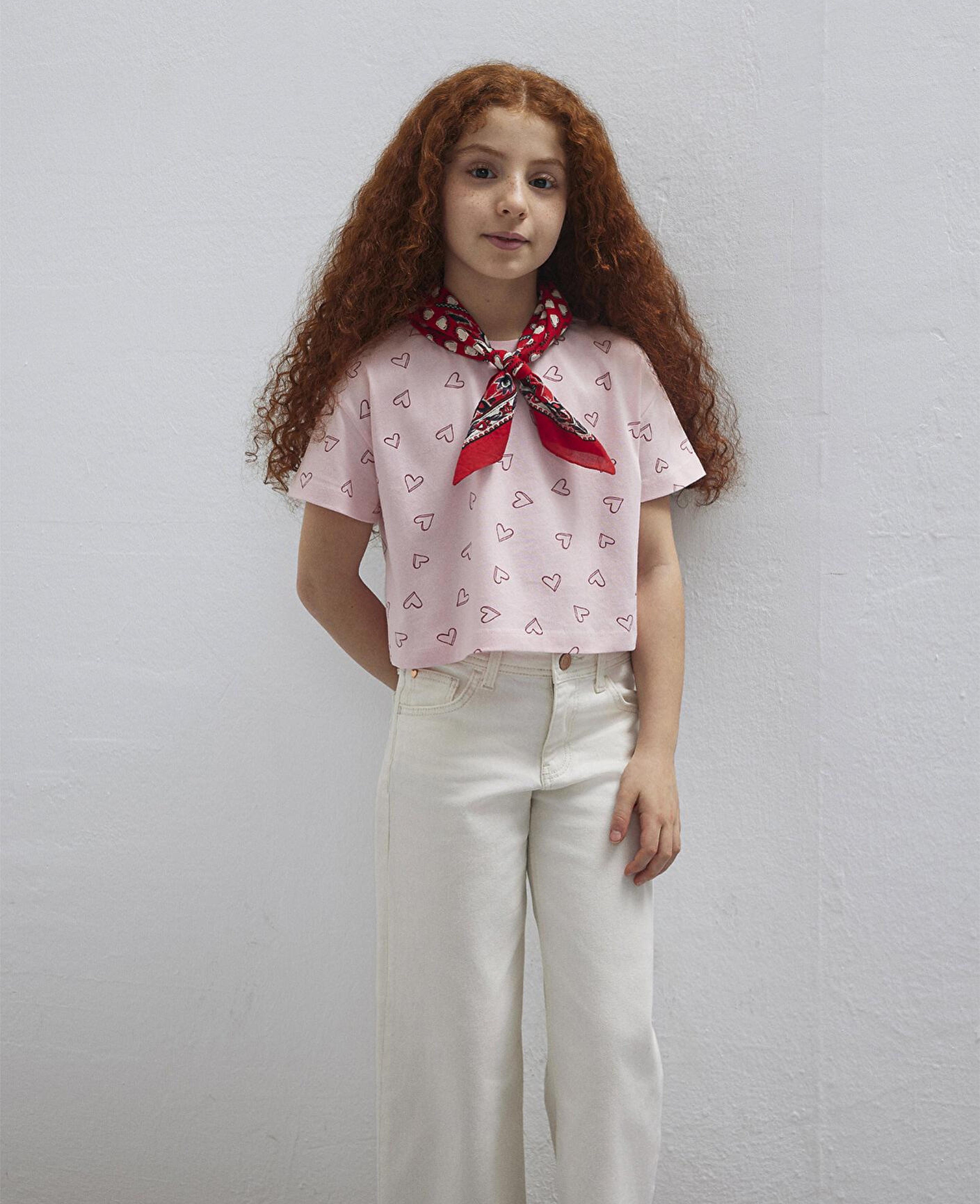 Mavi Kalp Baskılı Pembe Tişört Loose Fit / Bol Rahat Kesim 7610400-71007