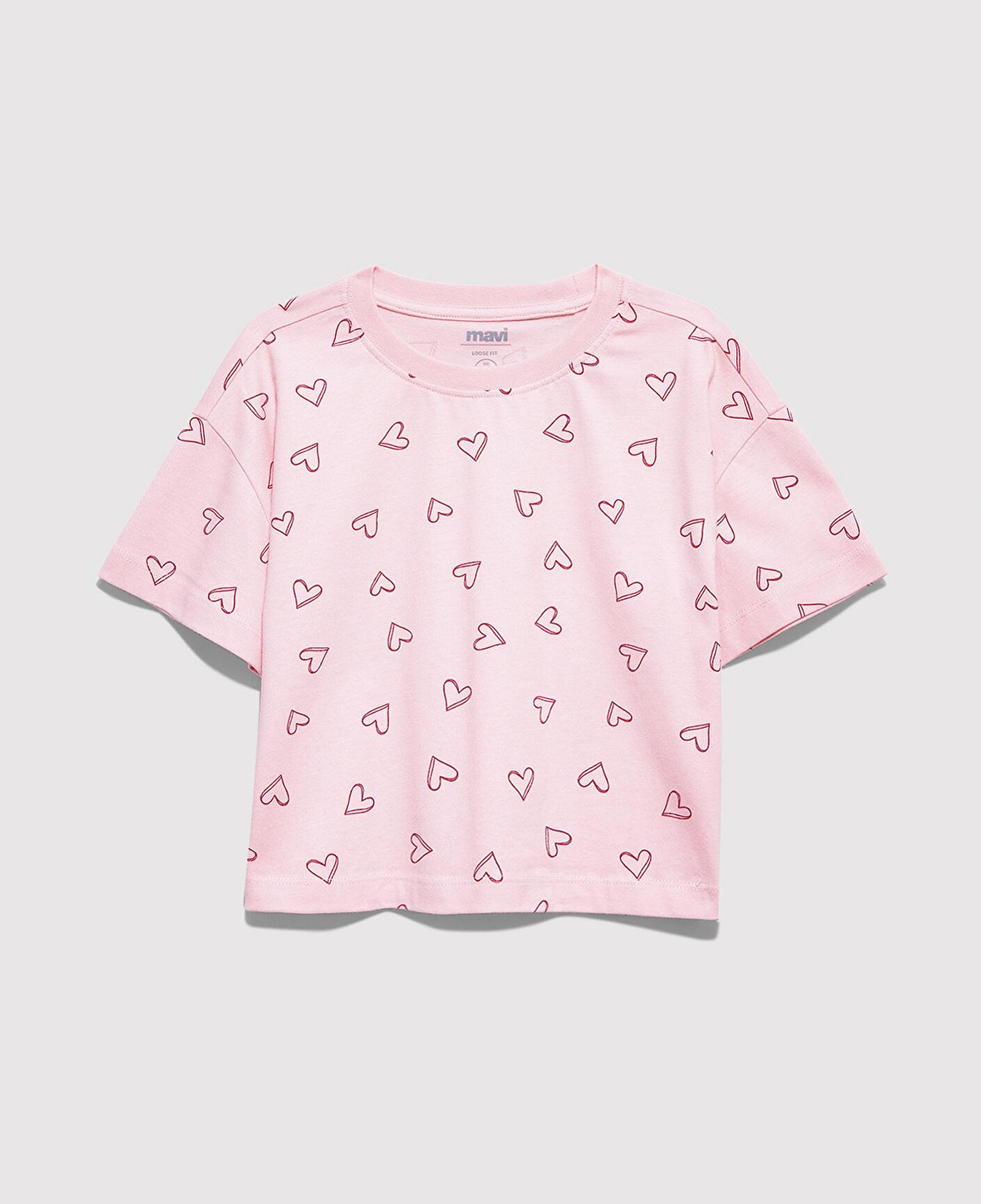 Mavi Kalp Baskılı Pembe Tişört Loose Fit / Bol Rahat Kesim 7610400-71007