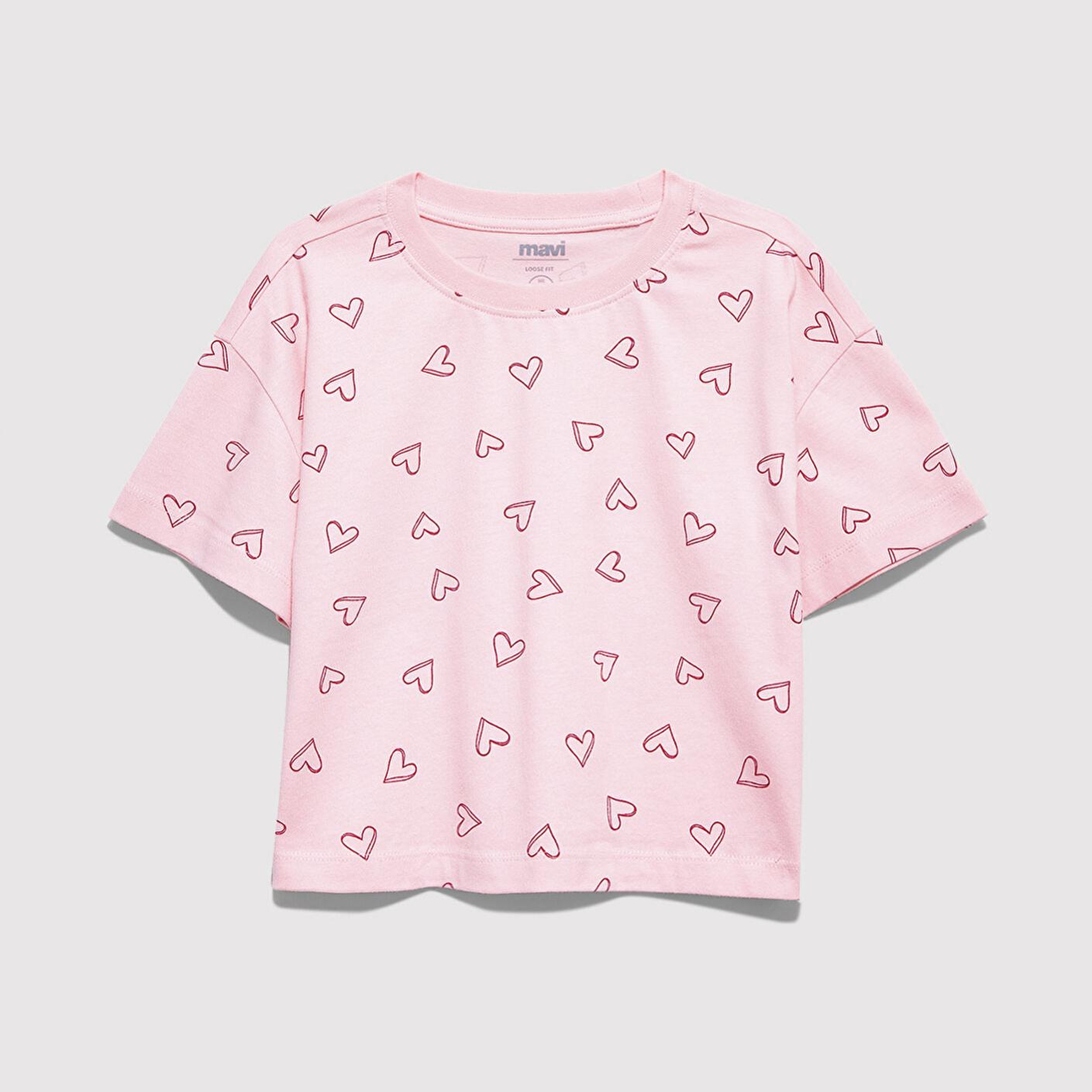 Mavi Kalp Baskılı Pembe Tişört Loose Fit / Bol Rahat Kesim 7610400-71007