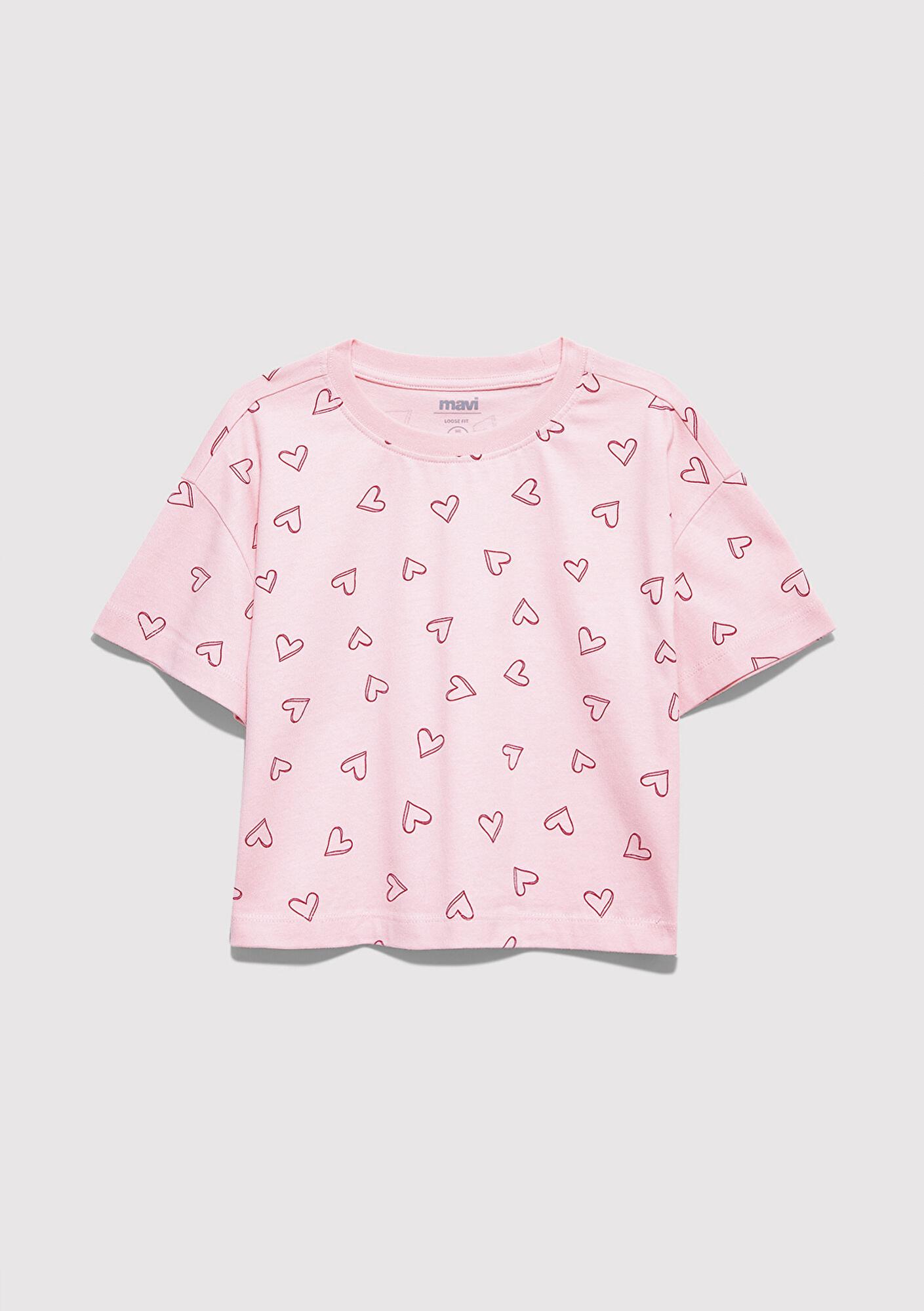 Mavi Kalp Baskılı Pembe Tişört Loose Fit / Bol Rahat Kesim 7610400-71007