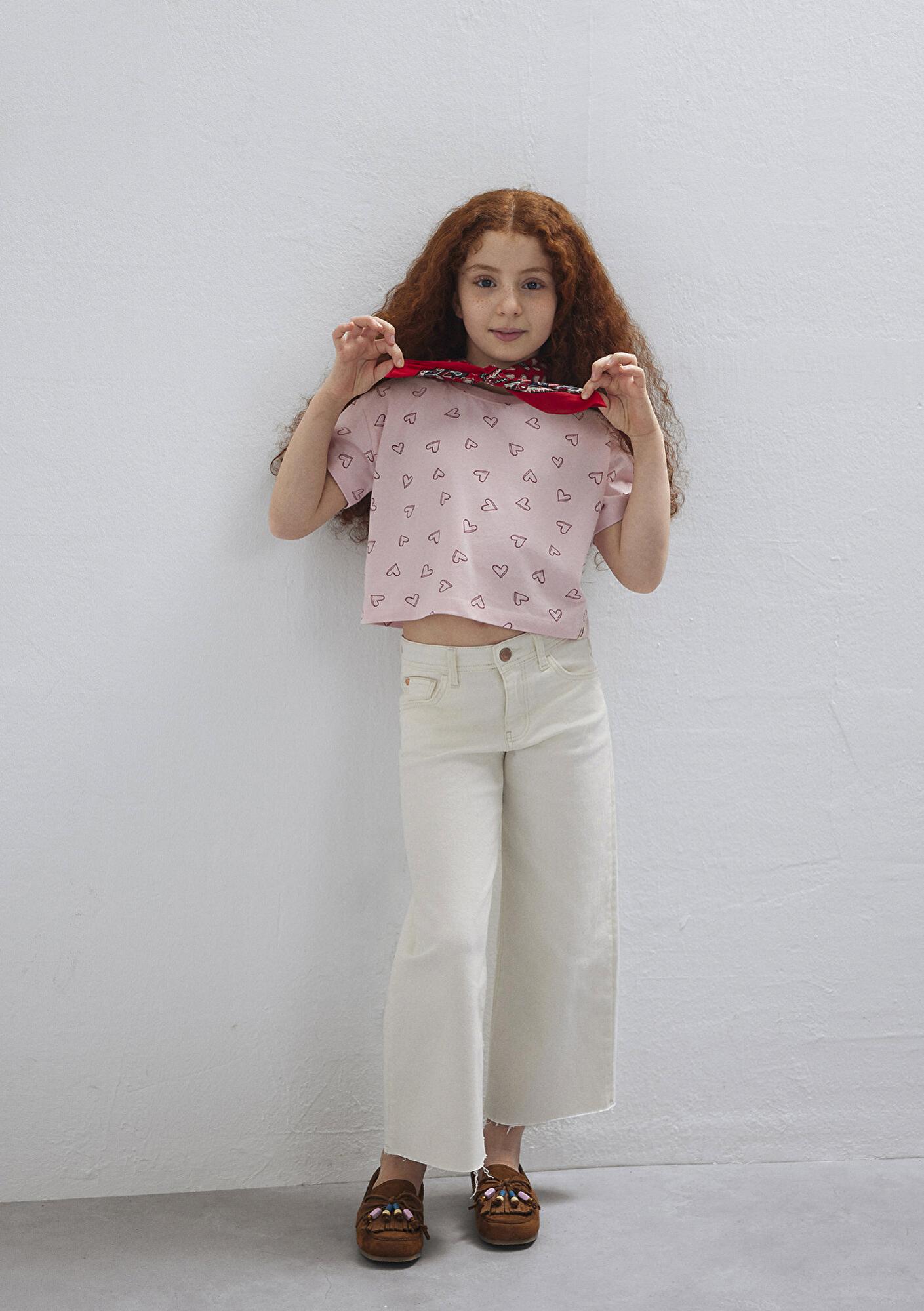 Mavi Kalp Baskılı Pembe Tişört Loose Fit / Bol Rahat Kesim 7610400-71007