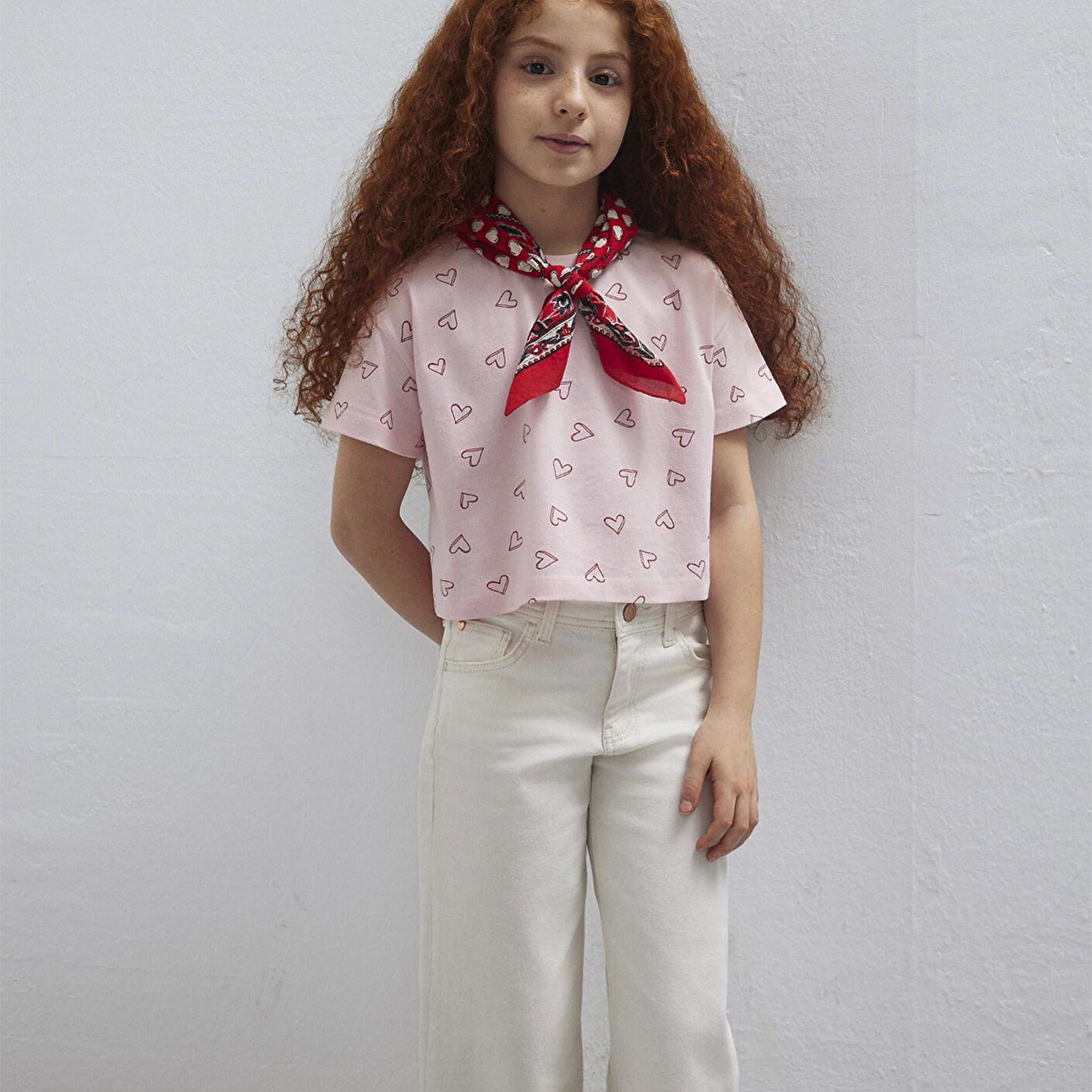 Mavi Kalp Baskılı Pembe Tişört Loose Fit / Bol Rahat Kesim 7610400-71007