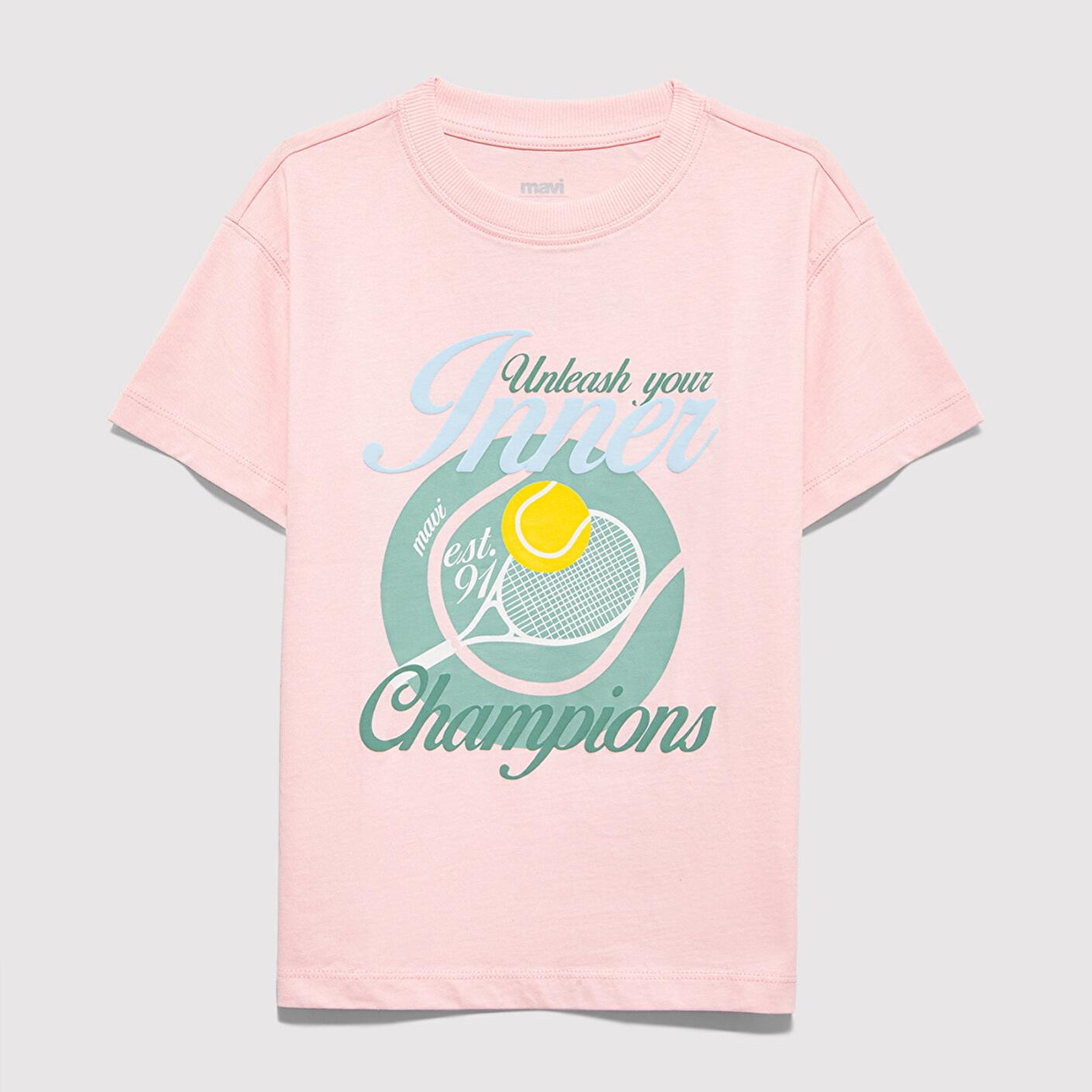 Mavi Tenis Baskılı Pembe Tişört Loose Fit / Bol Rahat Kesim 7610396-71007