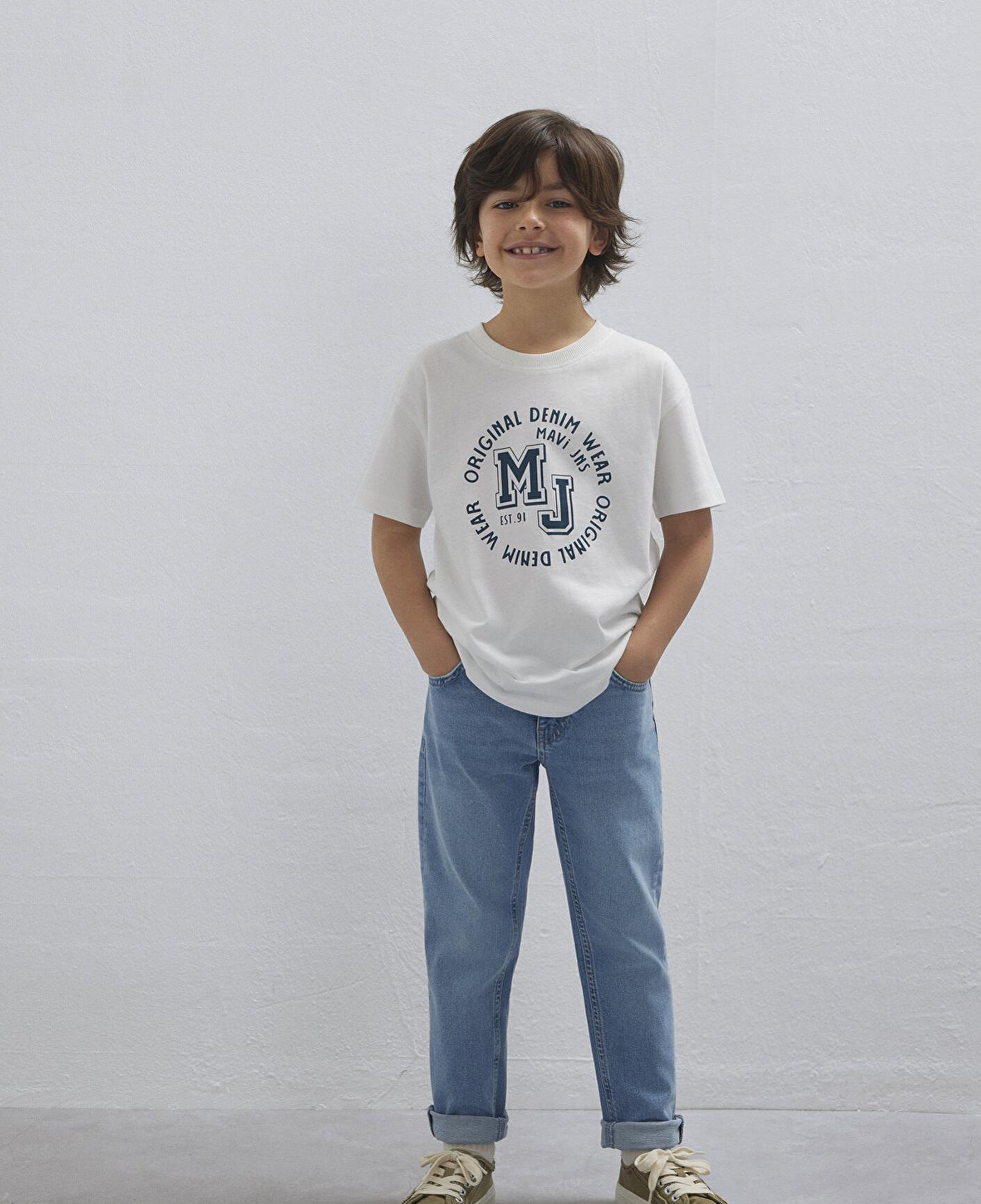 Mavi MJ Logo Baskılı Ekru Tişört Loose Fit / Bol Rahat Kesim 6610395-70057