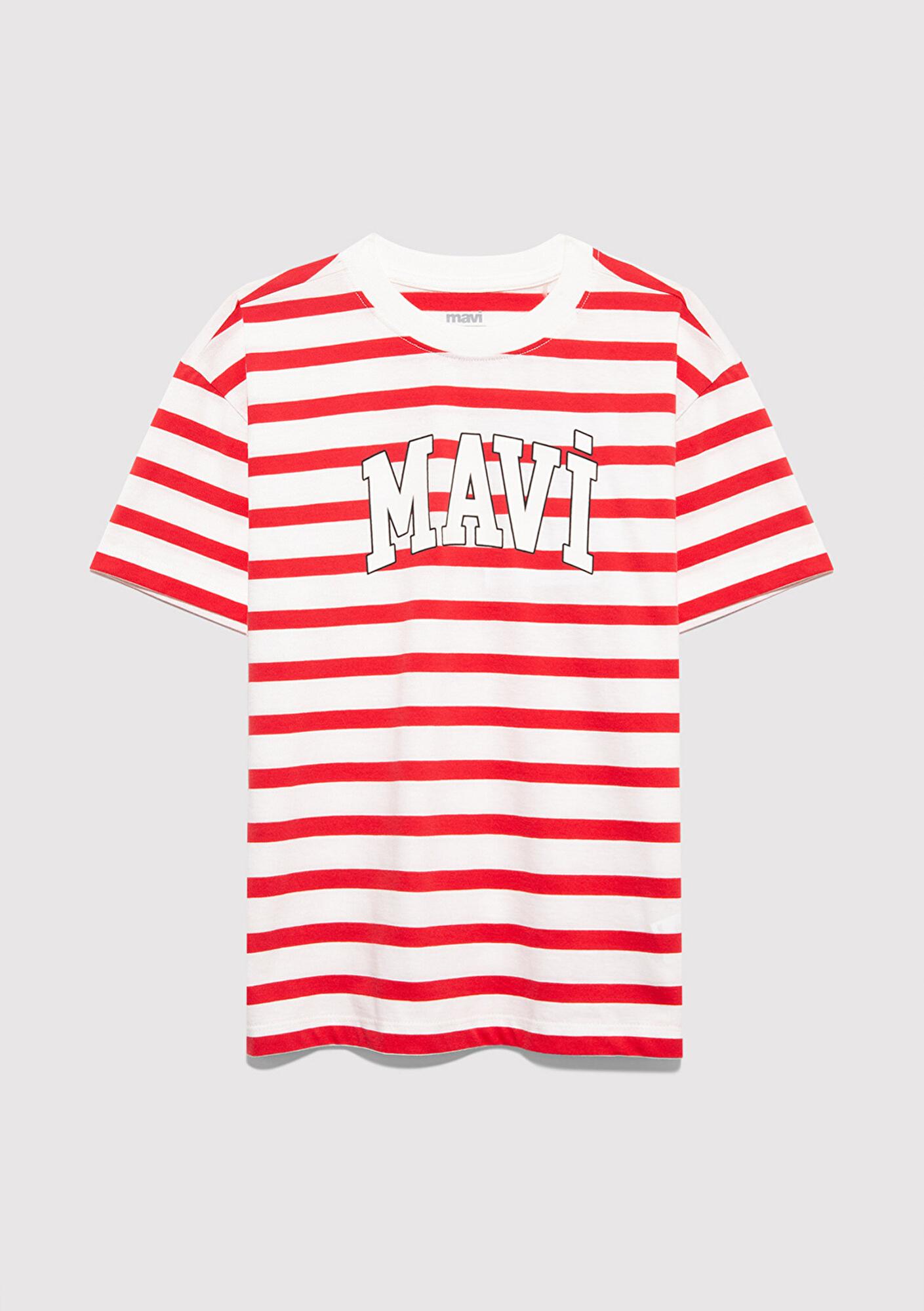 Mavi Mavi Logo Baskılı Çizgili Tişört Loose Fit / Bol Rahat Kesim 6610251-91366