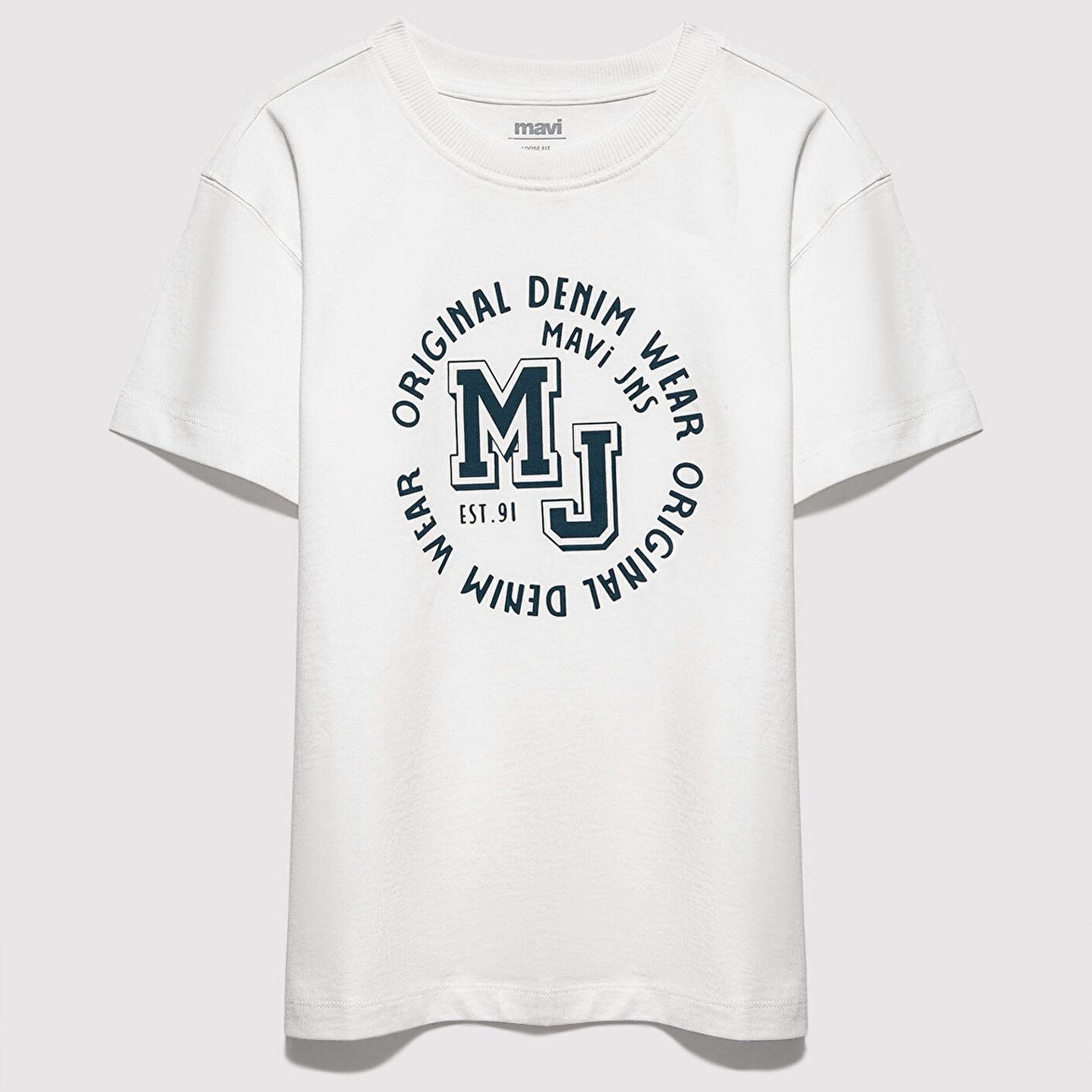 Mavi MJ Logo Baskılı Ekru Tişört Loose Fit / Bol Rahat Kesim 6610395-70057