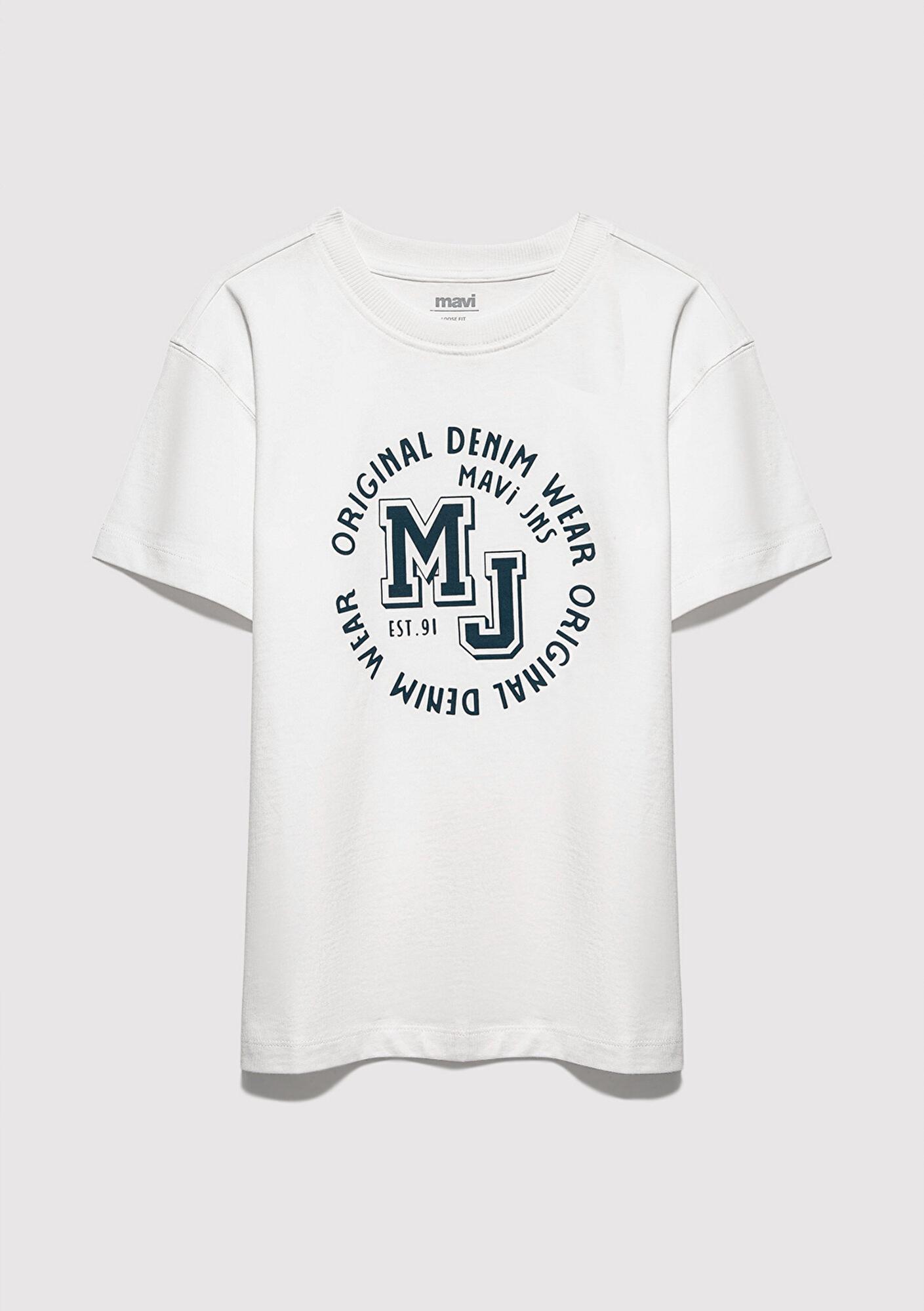 Mavi MJ Logo Baskılı Ekru Tişört Loose Fit / Bol Rahat Kesim 6610395-70057