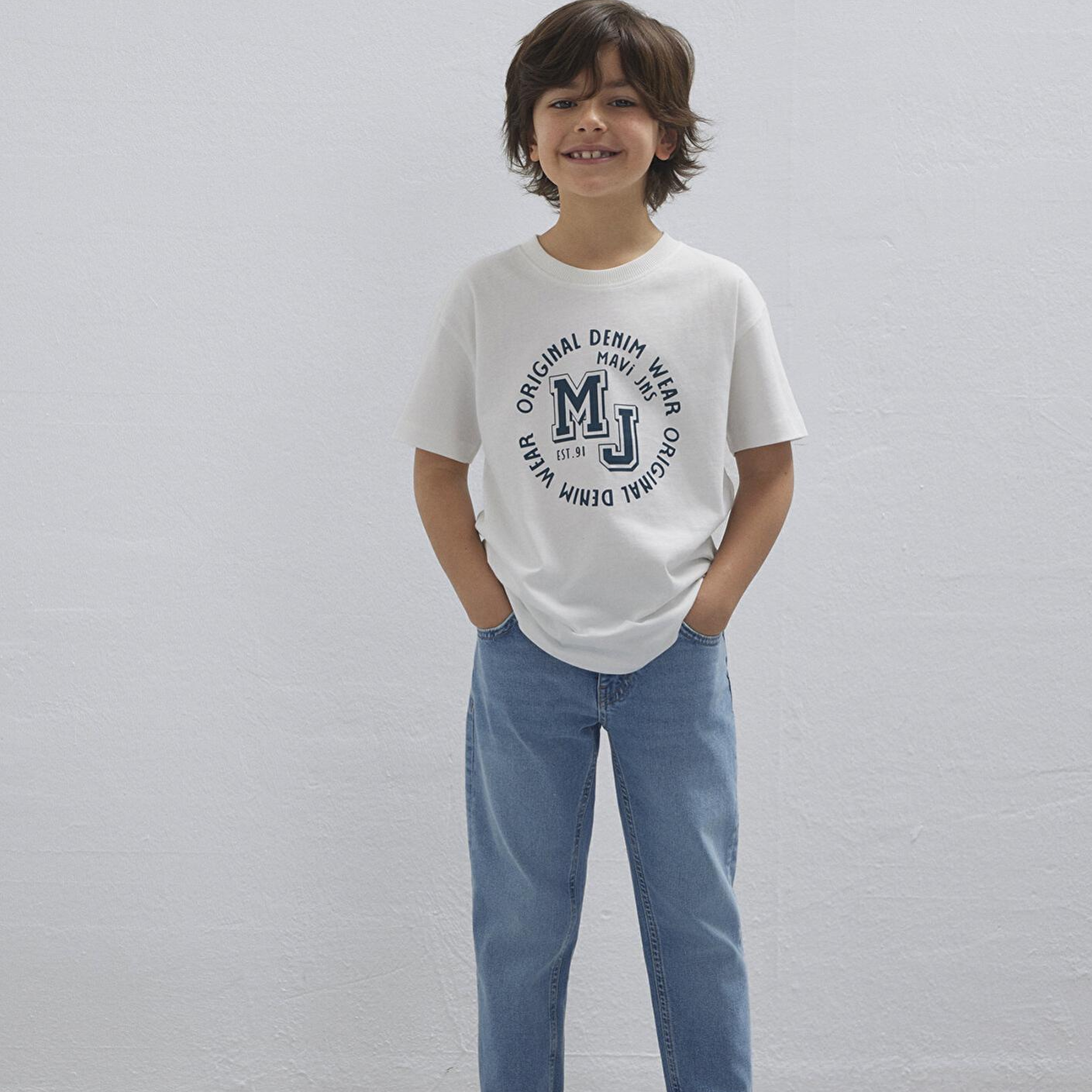 Mavi MJ Logo Baskılı Ekru Tişört Loose Fit / Bol Rahat Kesim 6610395-70057