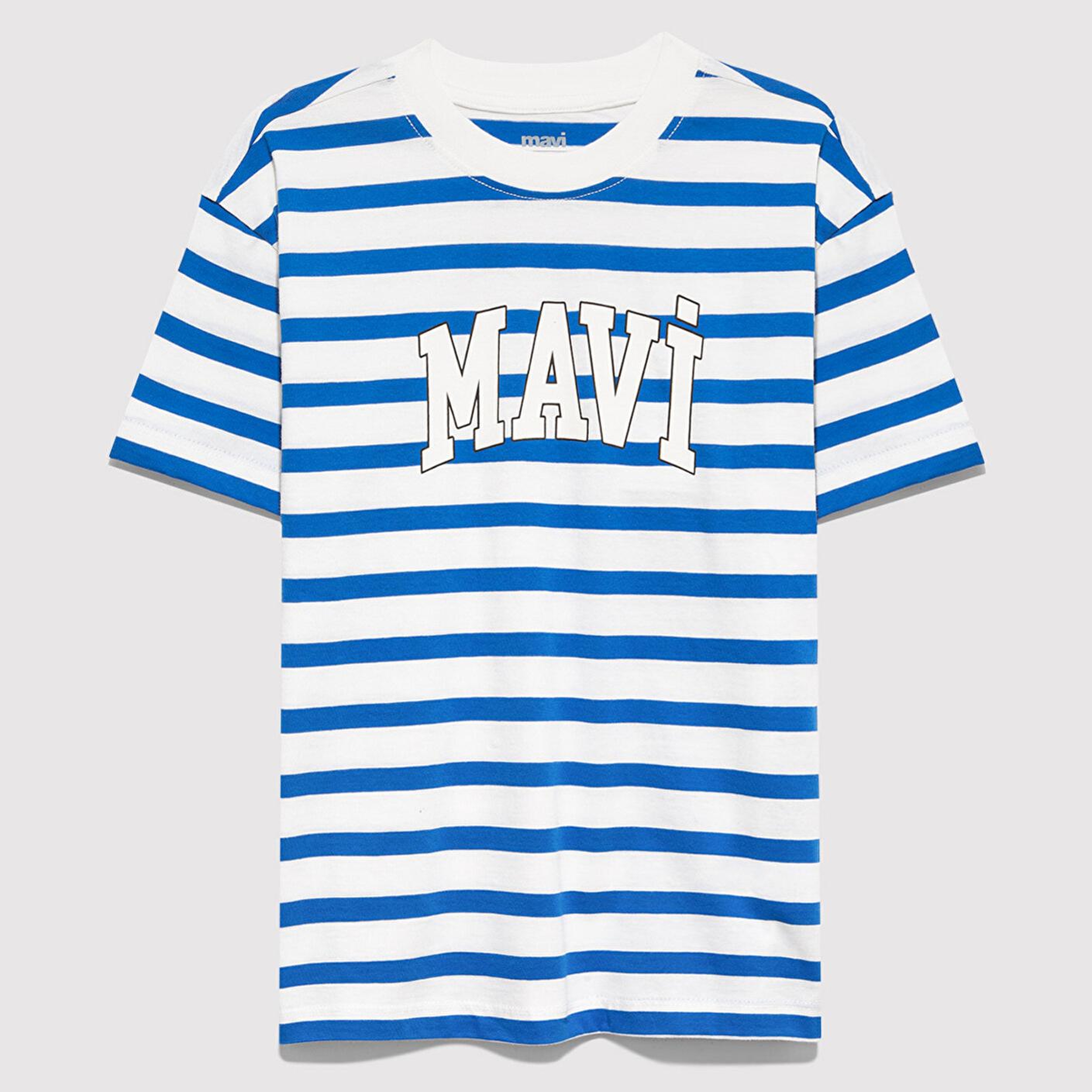 Mavi Mavi Baskılı Çizgili Tişört Loose Fit / Bol Rahat Kesim 6610251-91364