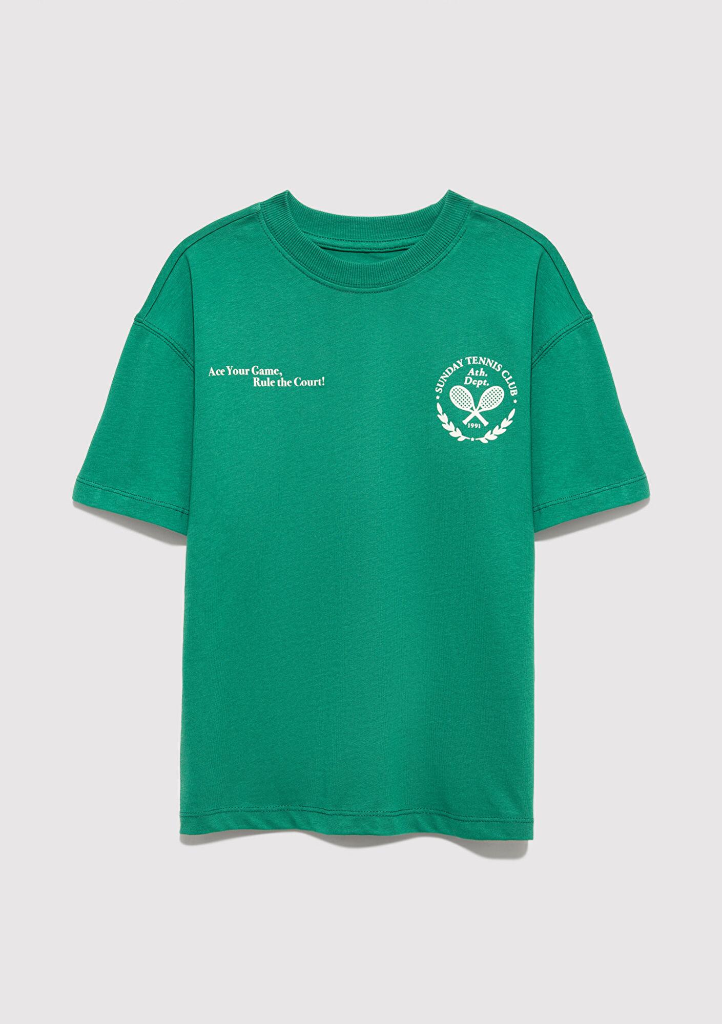 Mavi Baskılı Yeşil Tişört Oversize / Geniş Kesim 6610401-71697