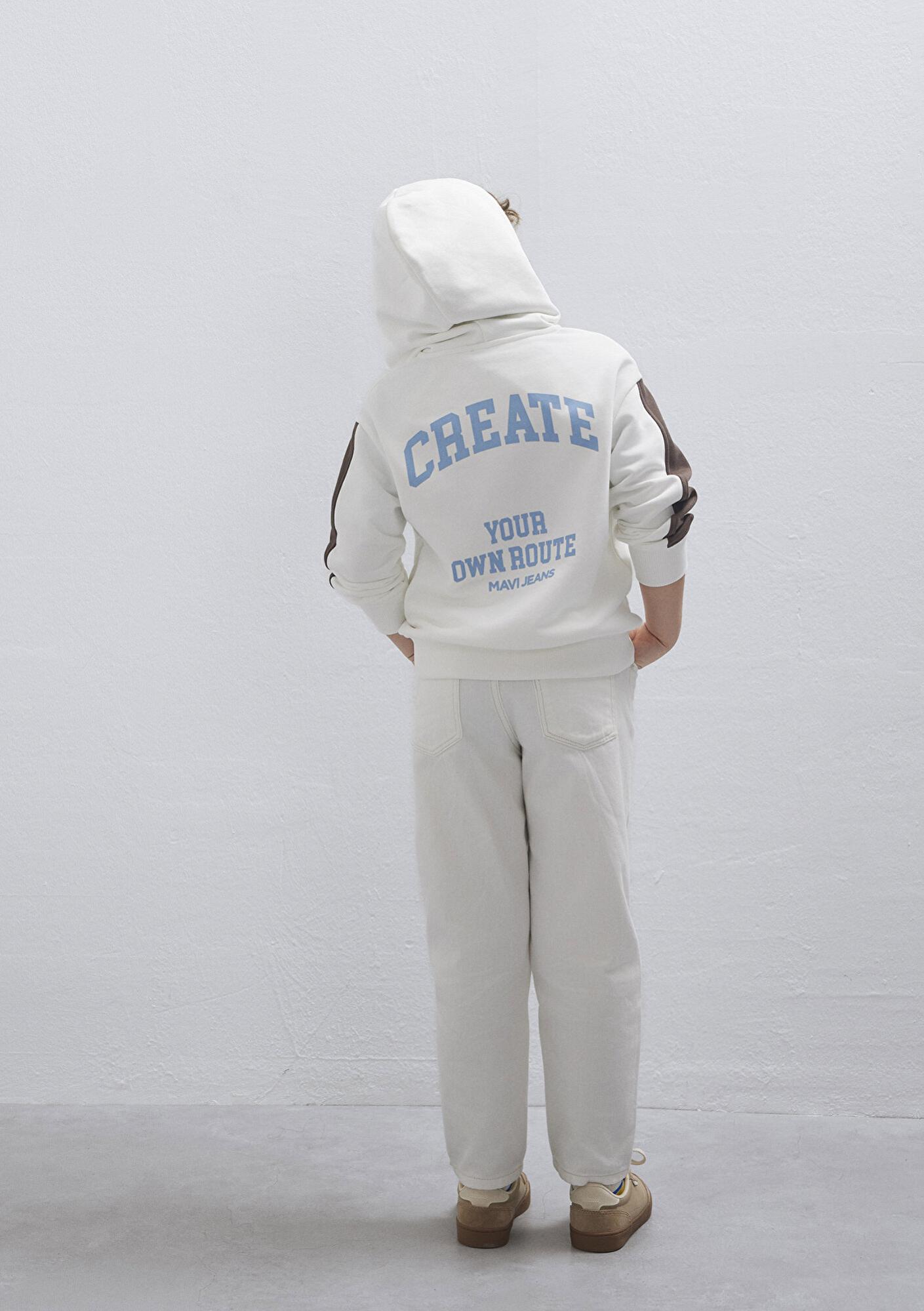 Mavi Baskılı Kapüşonlu Ekru Sweatshirt 6S10165-70057