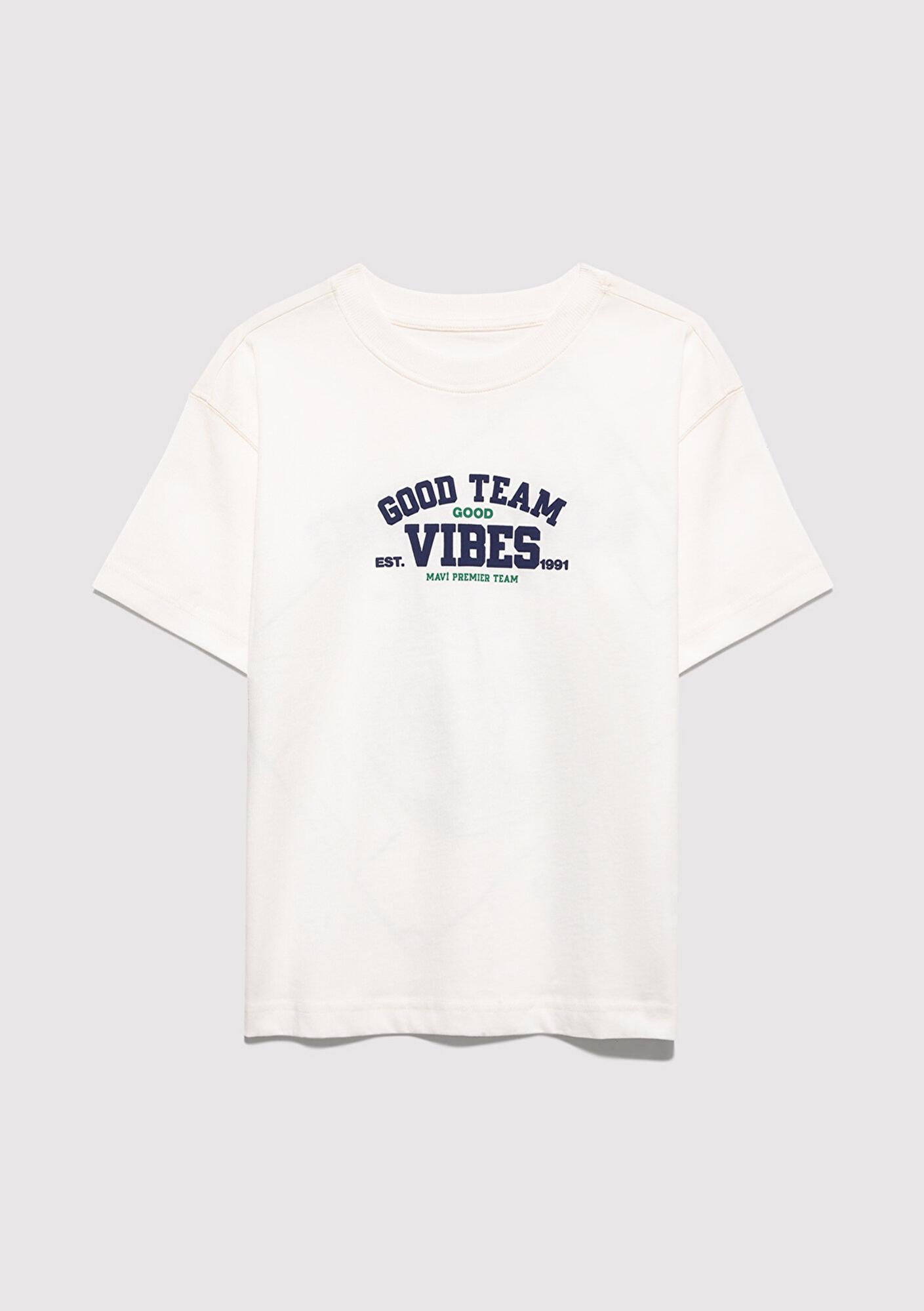 Mavi Baskılı Ekru Tişört Loose Fit / Bol Rahat Kesim 6610413-70057