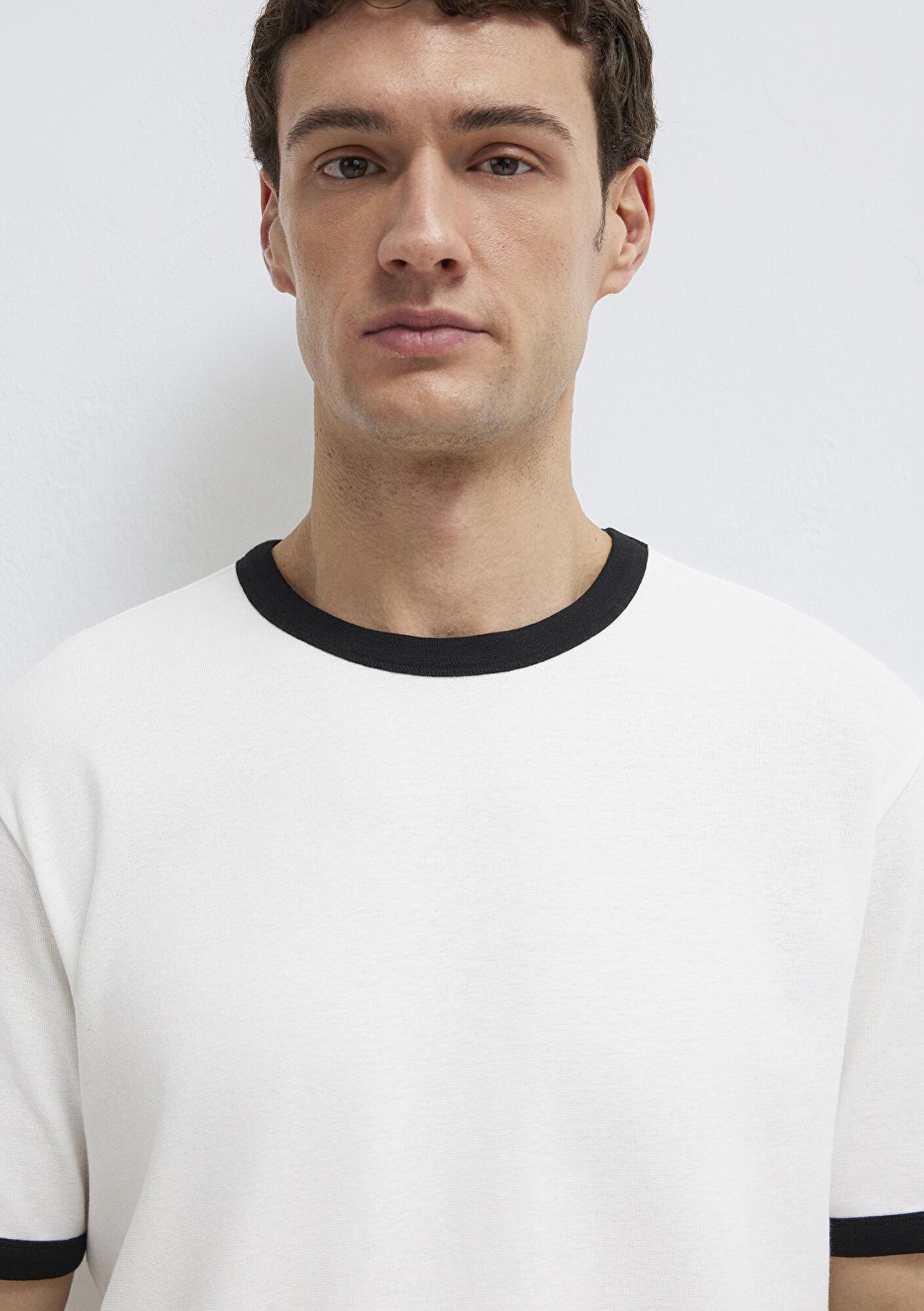 Mavi Biye Detaylı Ekru Tişört Loose Fit / Bol Rahat Kesim 0613223-70057