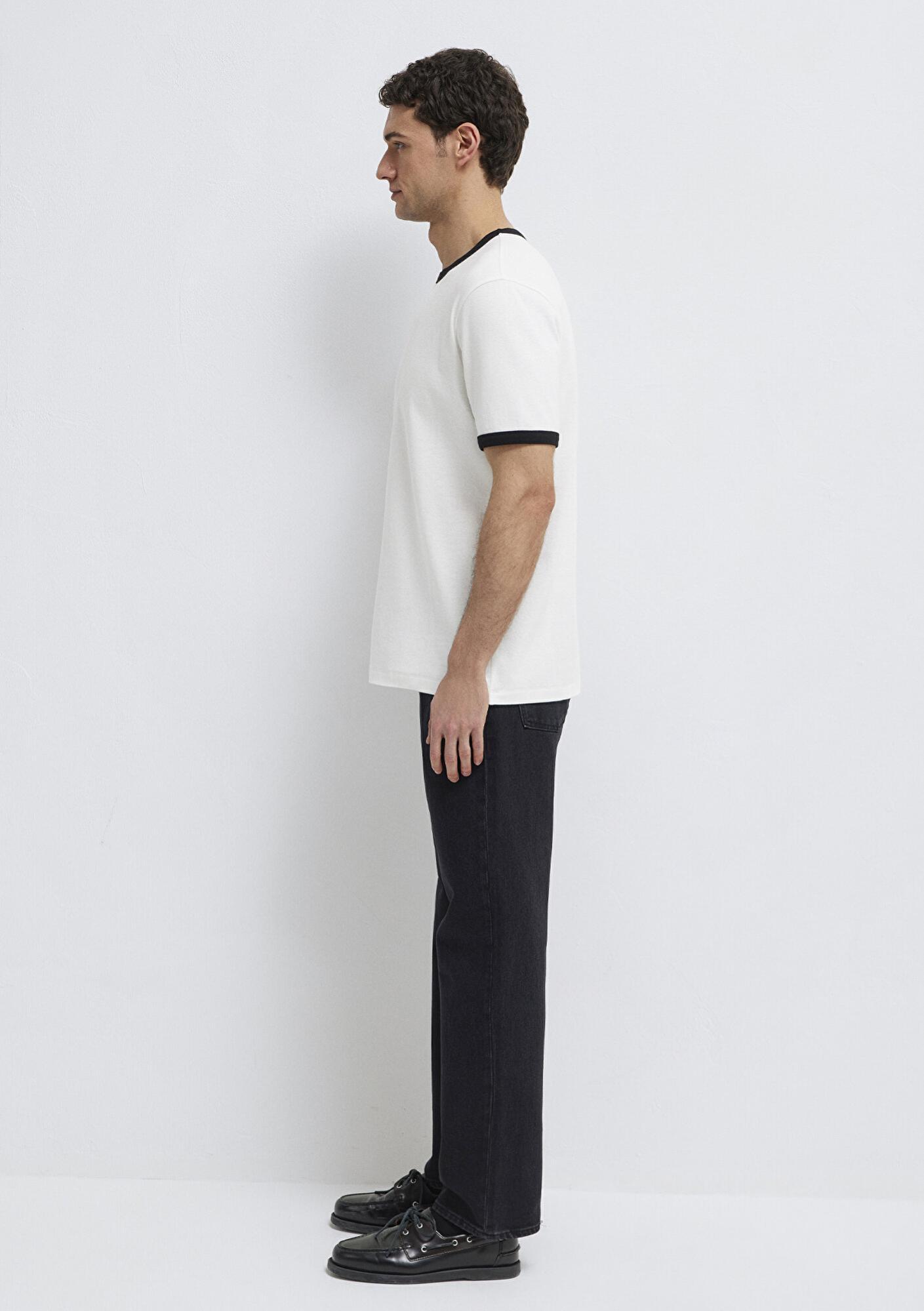 Mavi Biye Detaylı Ekru Tişört Loose Fit / Bol Rahat Kesim 0613223-70057