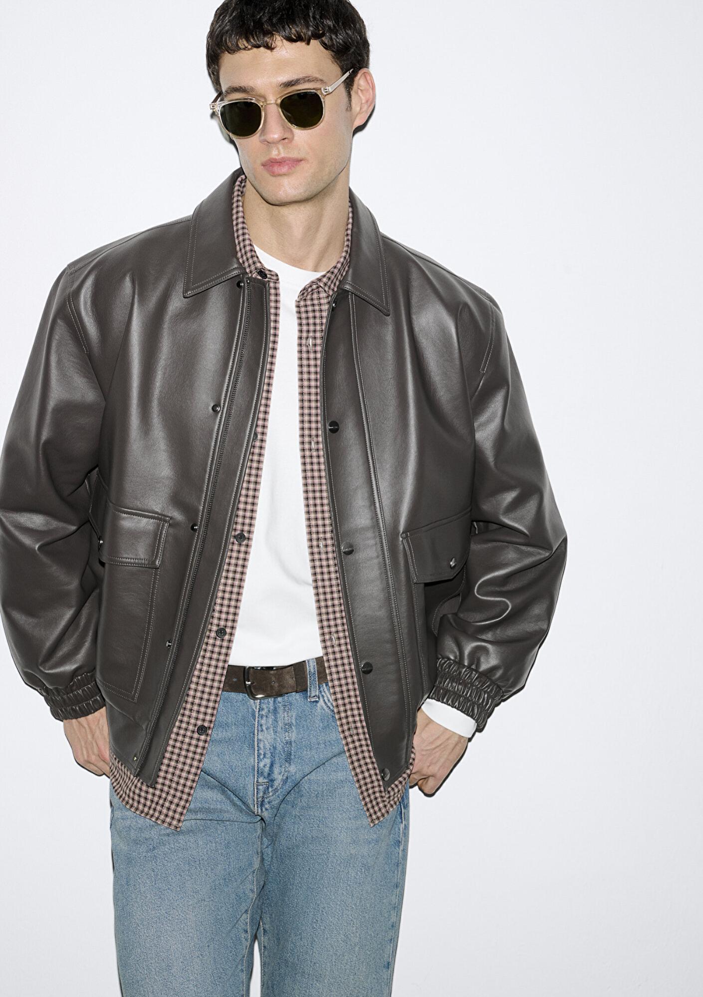 Mavi Kahverengi Suni Deri Ceket Loose Fit / Bol Rahat Kesim 0110796-70219