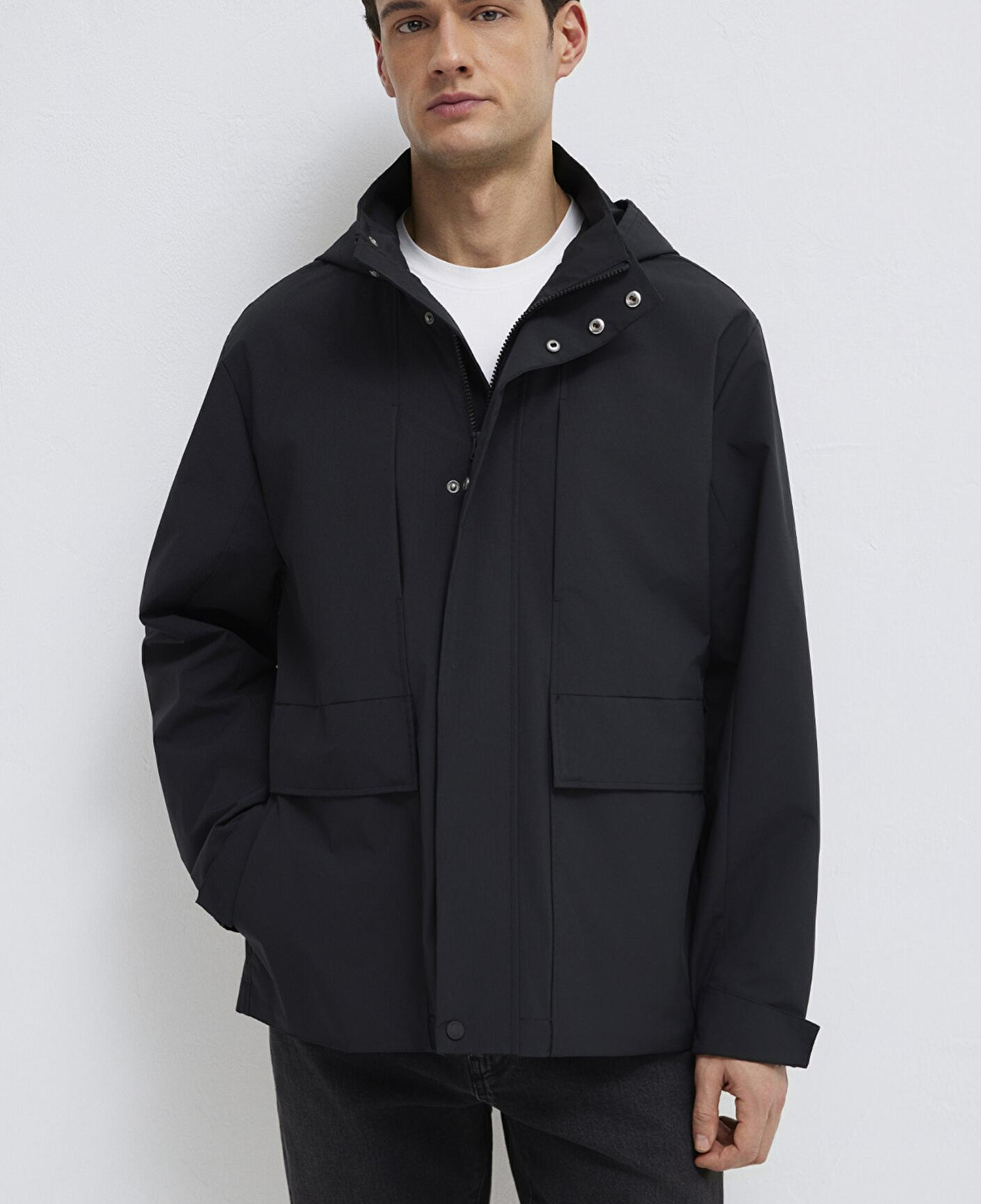 Mavi Kapüşonlu Siyah Ceket Loose Fit / Bol Rahat Kesim 0110757-71379