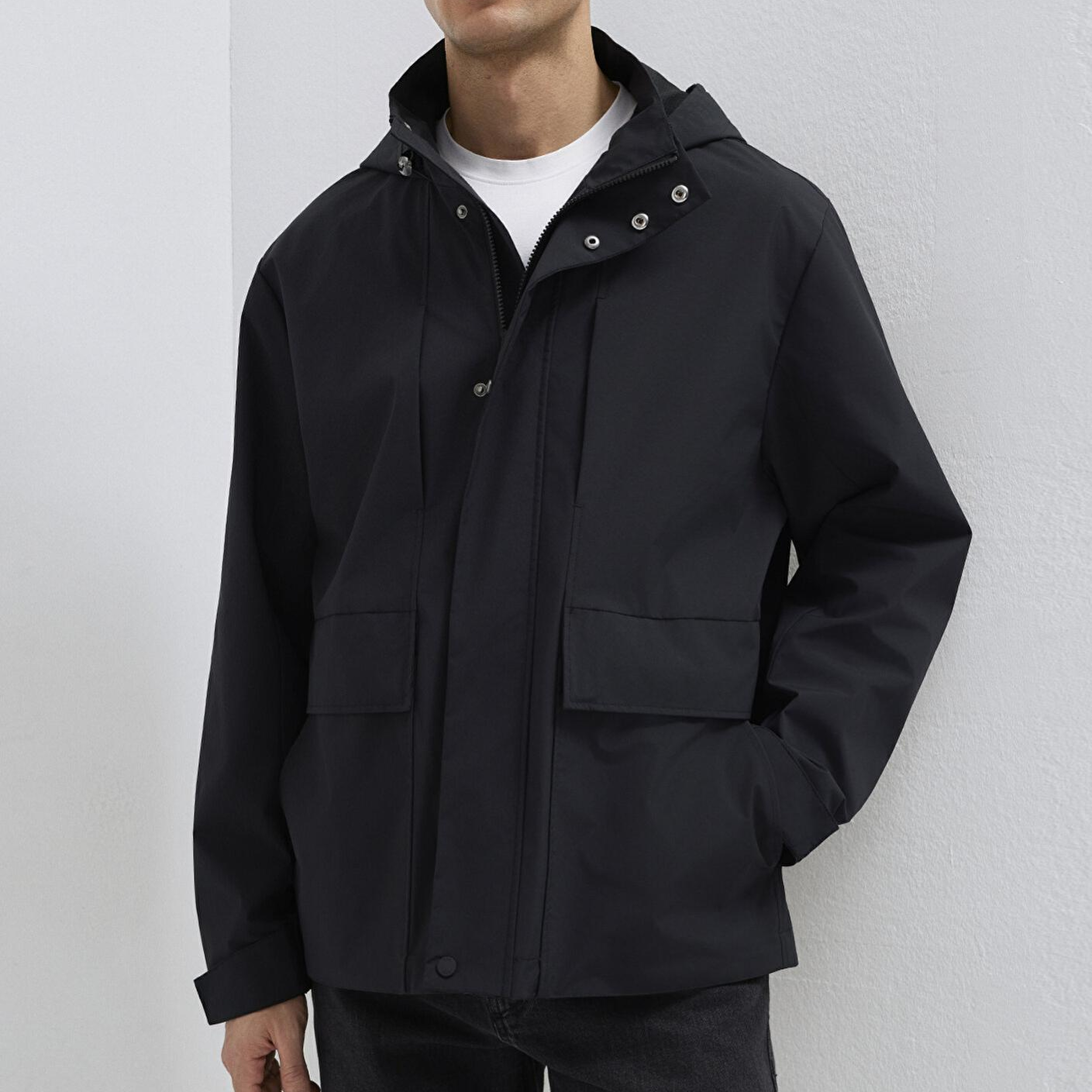 Mavi Kapüşonlu Siyah Ceket Loose Fit / Bol Rahat Kesim 0110757-71379