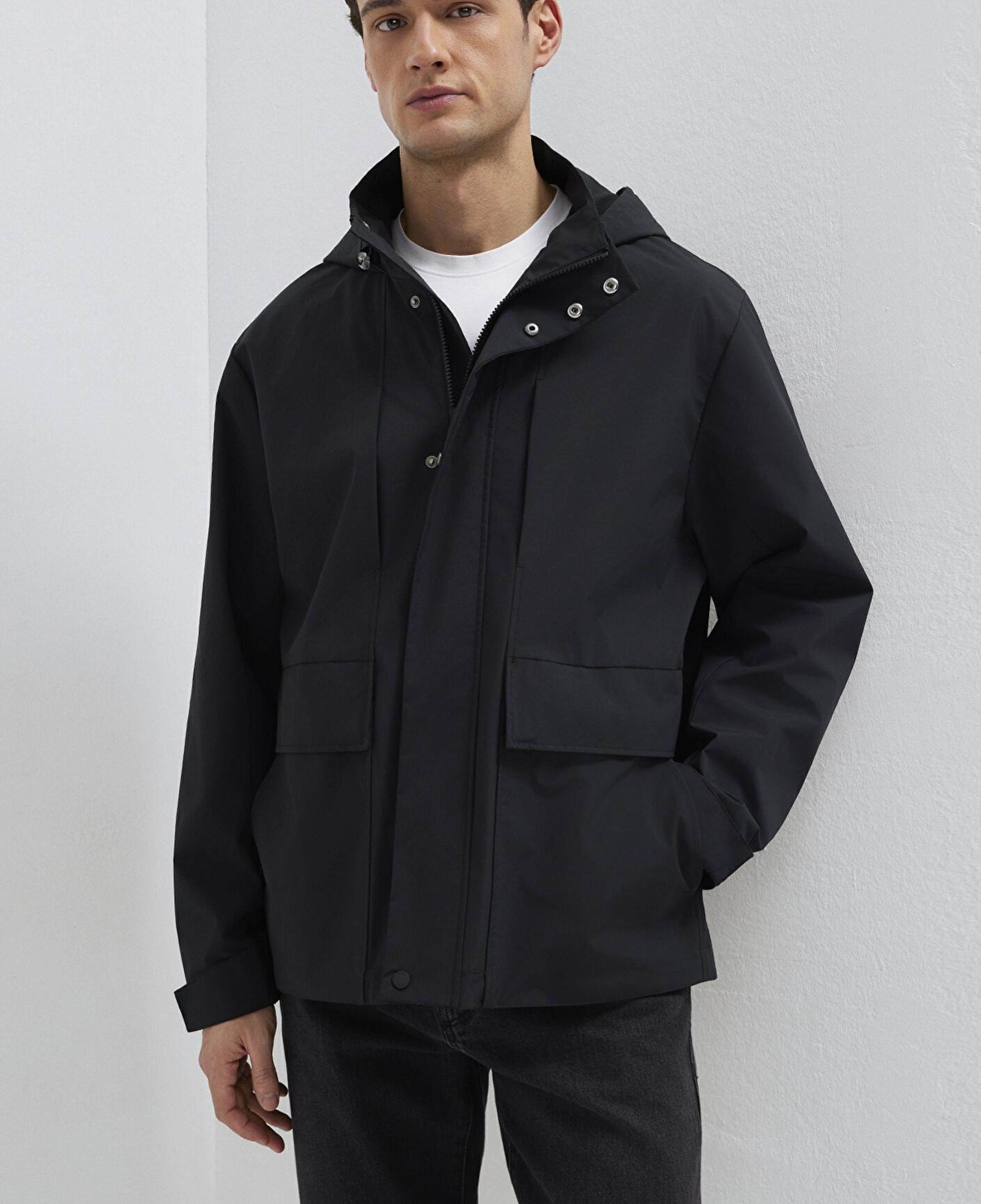 Mavi Kapüşonlu Siyah Ceket Loose Fit / Bol Rahat Kesim 0110757-71379