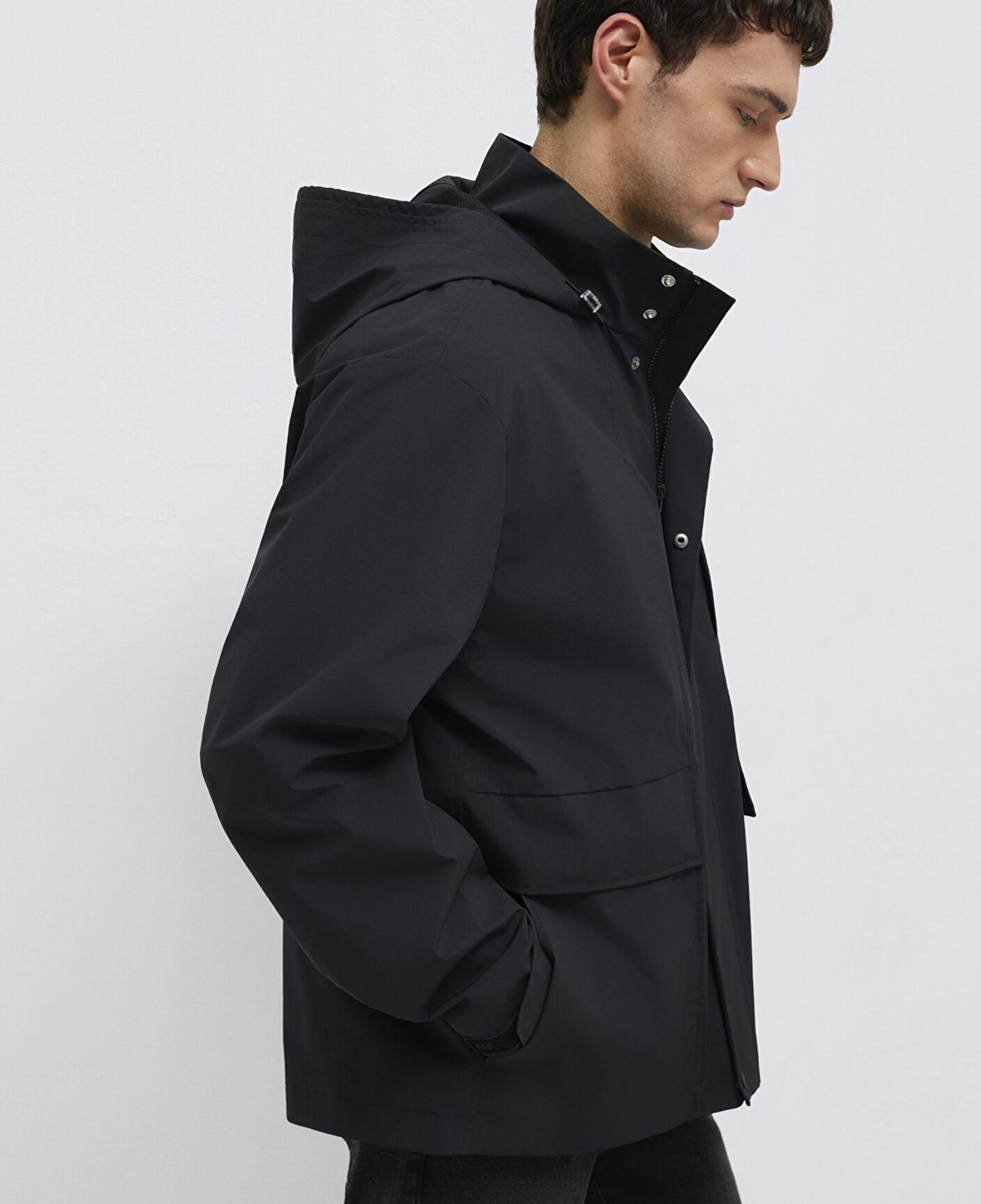 Mavi Kapüşonlu Siyah Ceket Loose Fit / Bol Rahat Kesim 0110757-71379