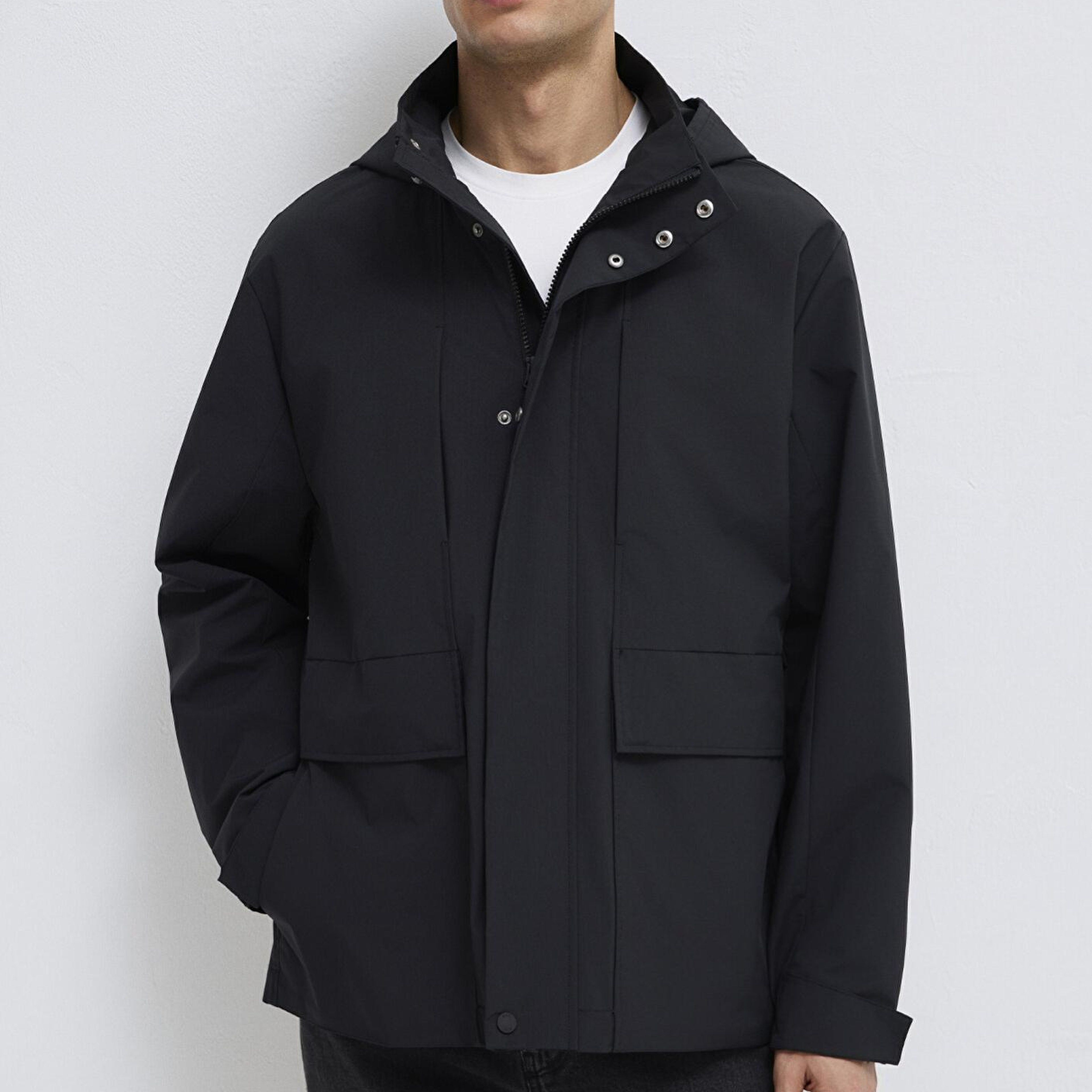 Mavi Kapüşonlu Siyah Ceket Loose Fit / Bol Rahat Kesim 0110757-71379