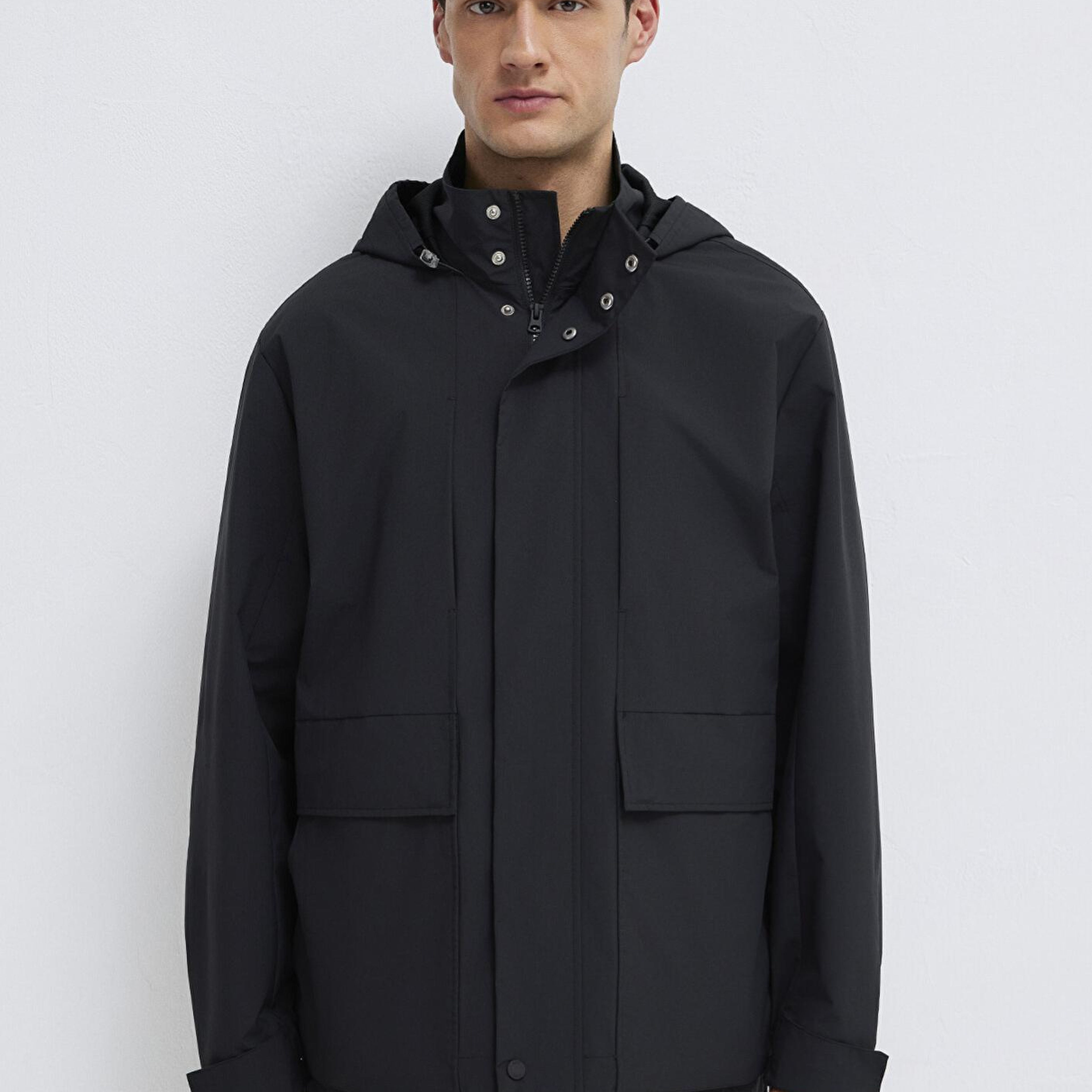 Mavi Kapüşonlu Siyah Ceket Loose Fit / Bol Rahat Kesim 0110757-71379