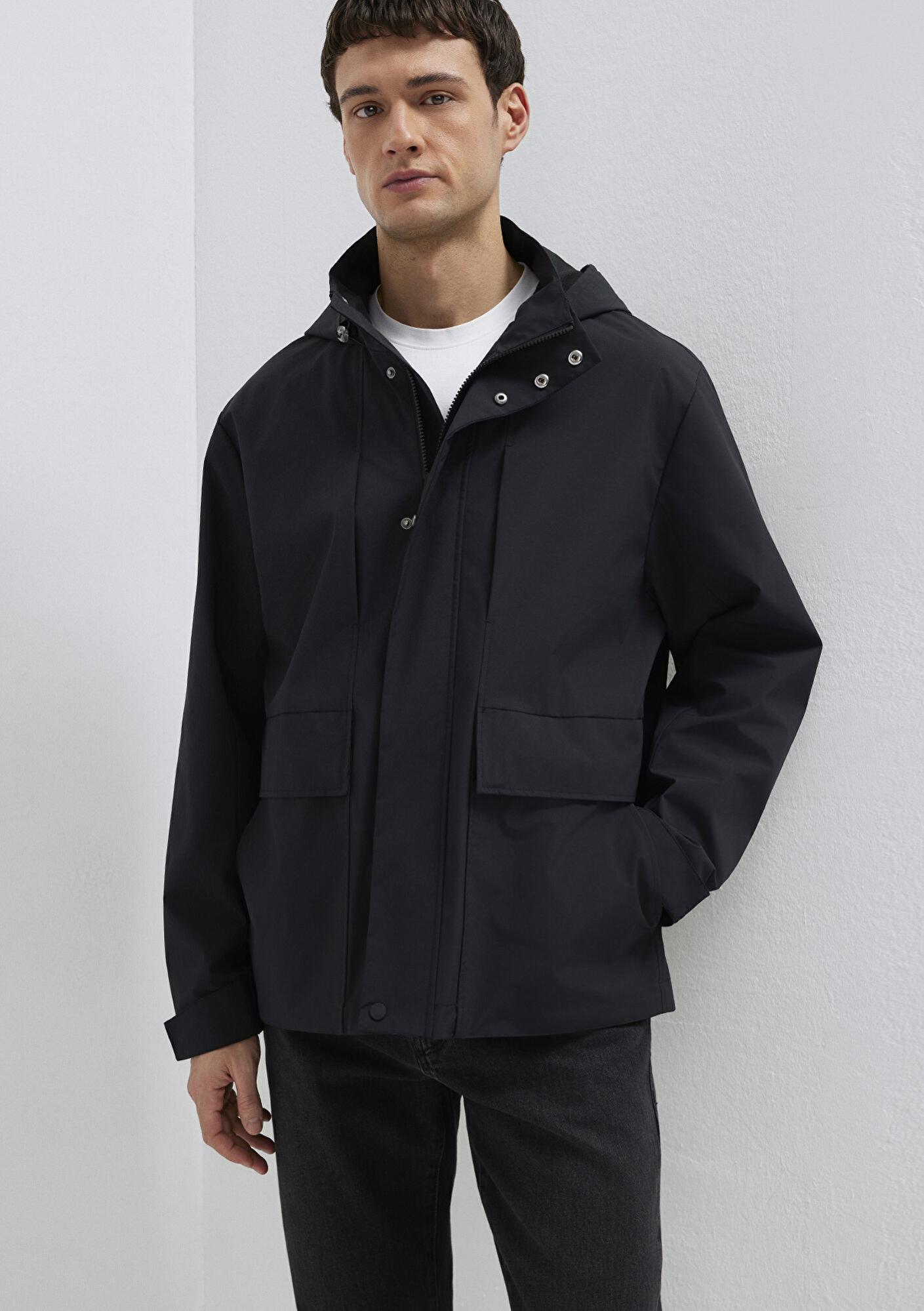 Mavi Kapüşonlu Siyah Ceket Loose Fit / Bol Rahat Kesim 0110757-71379