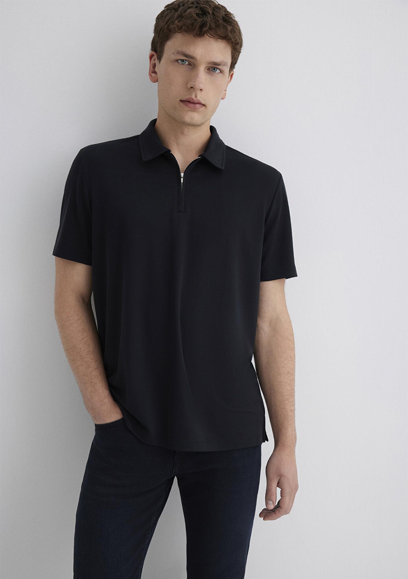 Mavi Soft-Premium Siyah (TENCEL™) Modal Karışımlı Yarı Fermuarlı Polo Tişört Regular Fit / Normal Kesim 0613007-900